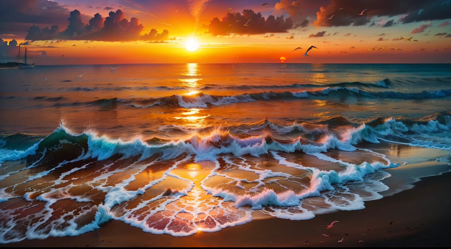 An absolutely mesmerizing sunset on the beach, with a mix of orange, pink, and yellow in the sky. The water is crystal clear, gently kisses the coast, and the white sand is endless. The scene is dynamic and breathtaking, with seagulls soaring high in the sky and palm trees swaying softly. Immerse yourself in the calm atmosphere and let the serenity surround you.