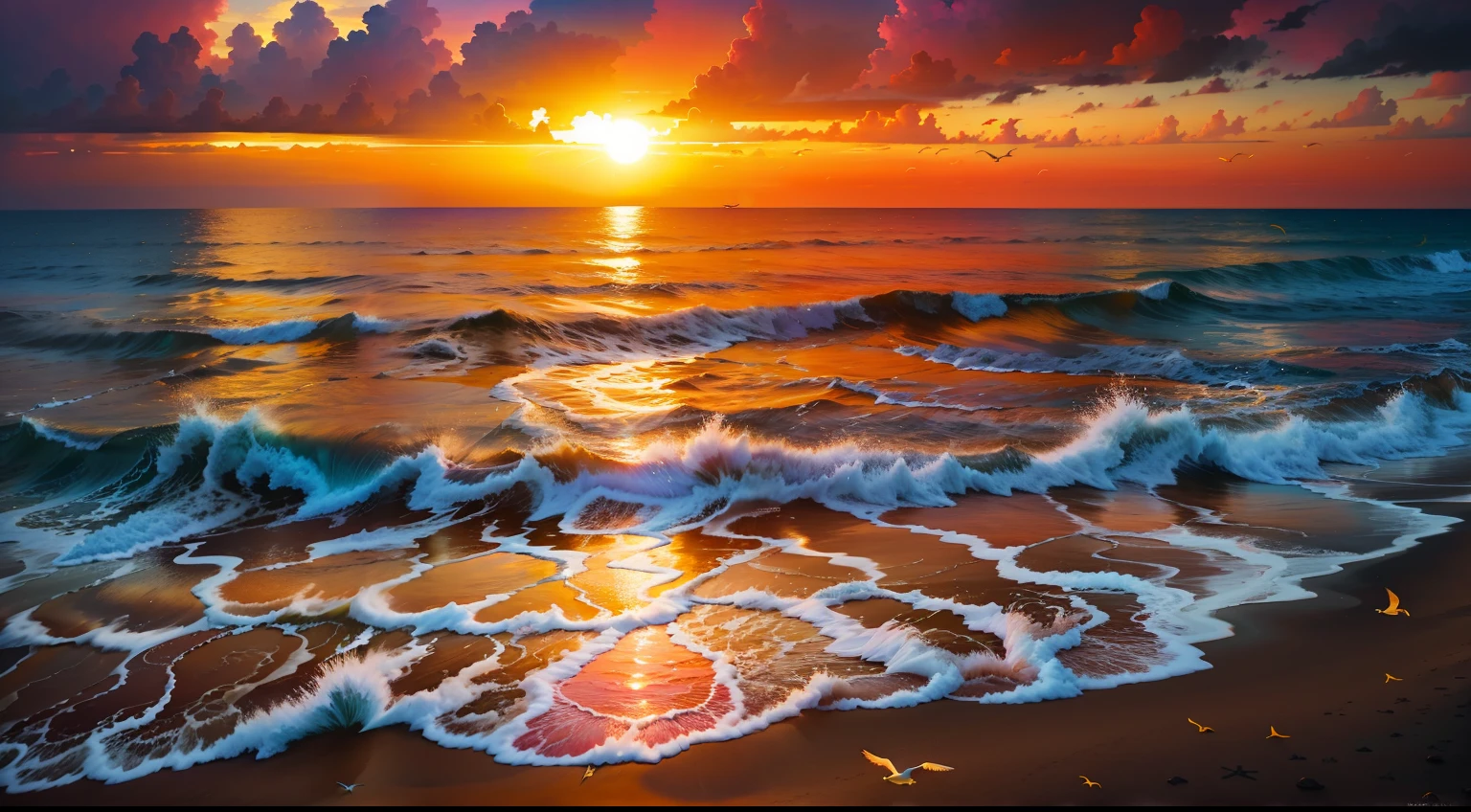 An absolutely mesmerizing sunset on the beach, with a mix of orange, pink, and yellow in the sky. The water is crystal clear, gently kisses the coast, and the white sand is endless. The scene is dynamic and breathtaking, with seagulls soaring high in the sky and palm trees swaying softly. Immerse yourself in the calm atmosphere and let the serenity surround you.