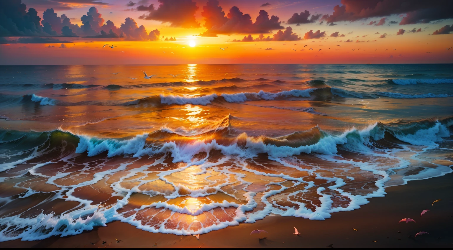 An absolutely mesmerizing sunset on the beach, with a mix of orange, pink, and yellow in the sky. The water is crystal clear, gently kisses the coast, and the white sand is endless. The scene is dynamic and breathtaking, with seagulls soaring high in the sky and palm trees swaying softly. Immerse yourself in the calm atmosphere and let the serenity surround you.