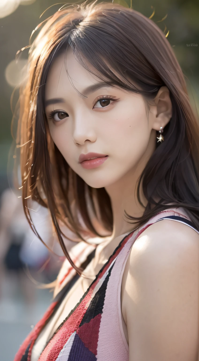 (8K, Raw photo, Photorealistic:1.25) ,( Lip gloss,Glossy finish, Glossy skin, Best Quality, 超A high resolution, chromatic abberation, Caustics, Wide light, Natural Shadow) look with serenity and goddess-like bliss to the spectators,(depth of fields:1.6), (colorful unfocused lights on background:1.2) ,very natural make-up,Shot on a cloudy day . Slender eyes.55 years old.Wearing a gorgeous summer dress、(The upper part of the body)(Long gorgeous hair)(Stylish as a professional model)