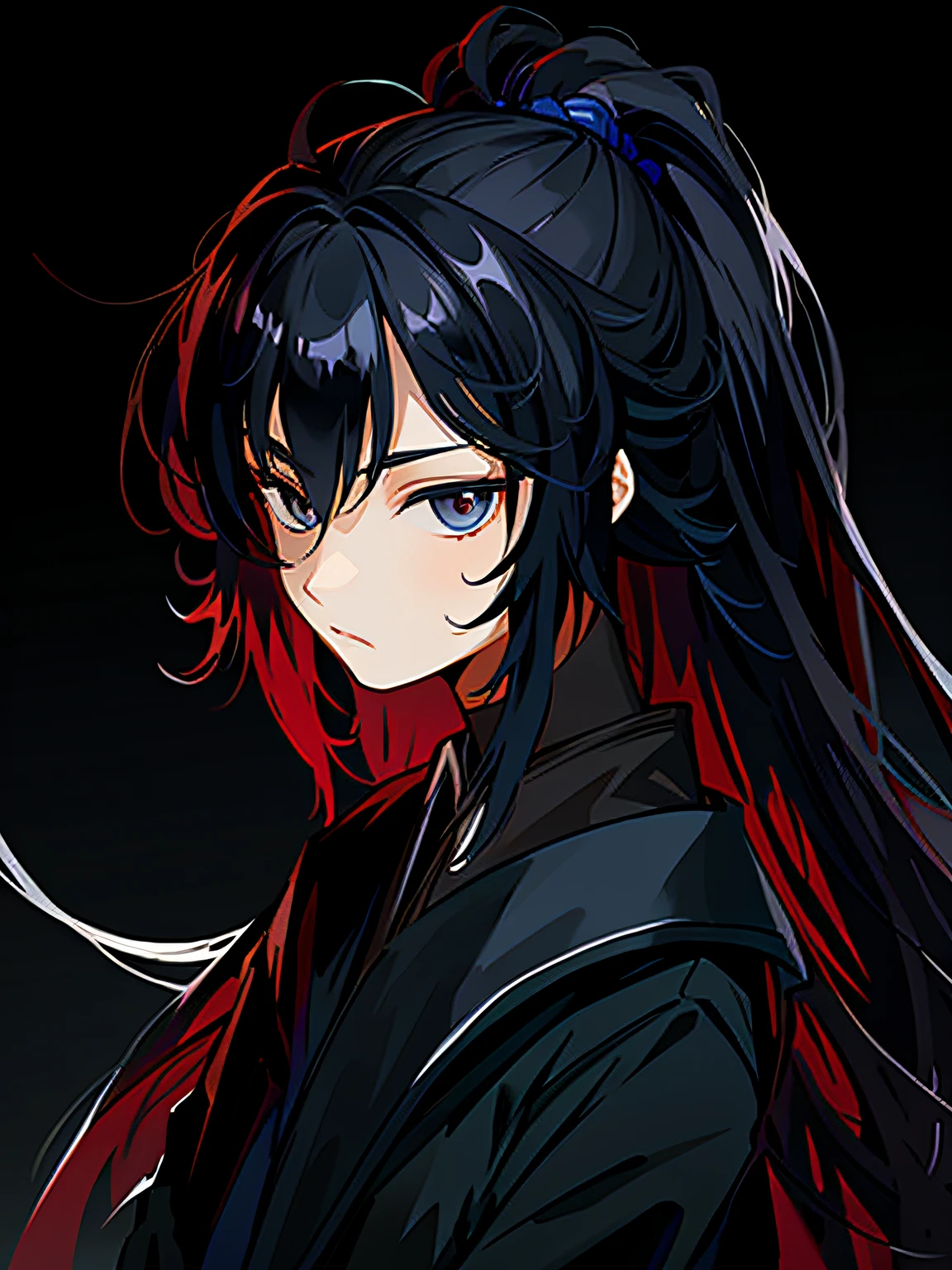 10-year-old boy,Long inky hair,Dark background,Use dark elements