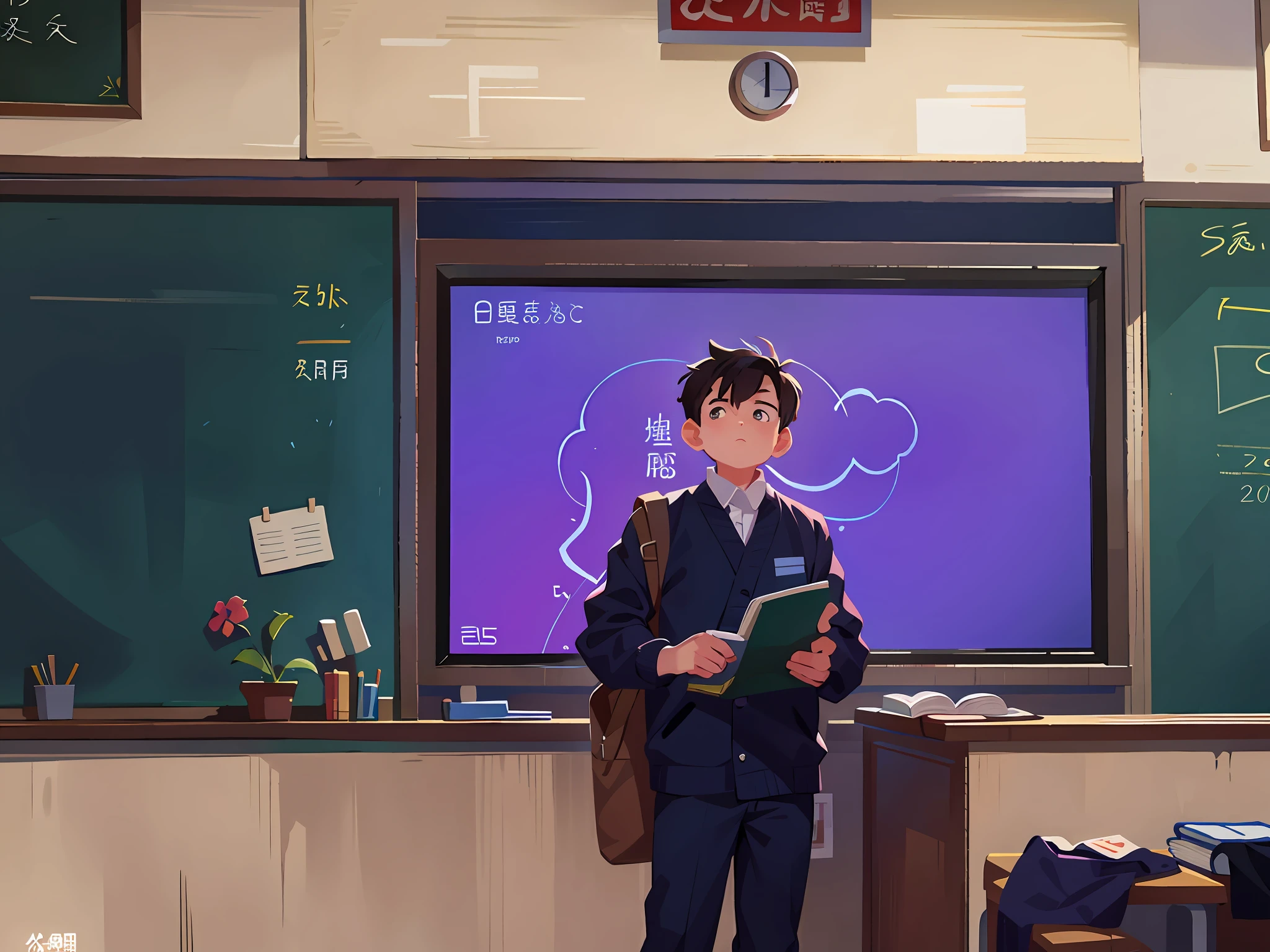 There was a boy standing in front of the classroom with a book, Teacher,  jinyiwei, In a classroom, inspired by Zhang Zongcang, yihao ren, In the school classroom,