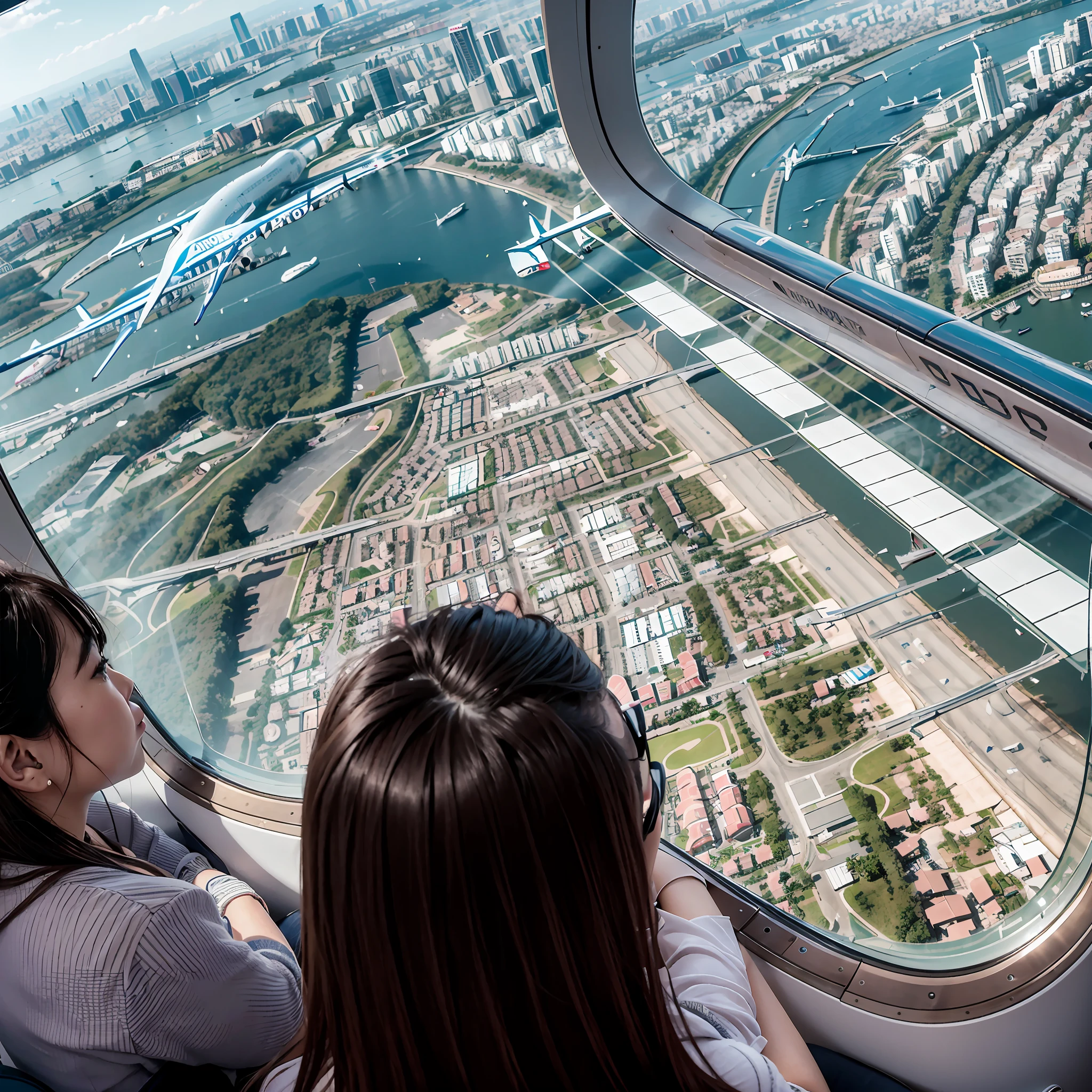 The aircraft altitude is 10,000 meters,A group of -yeld beiful women sit by the window of a large Airbus A380 aircraft,Bird's eye view of the entire city of Guangzhou