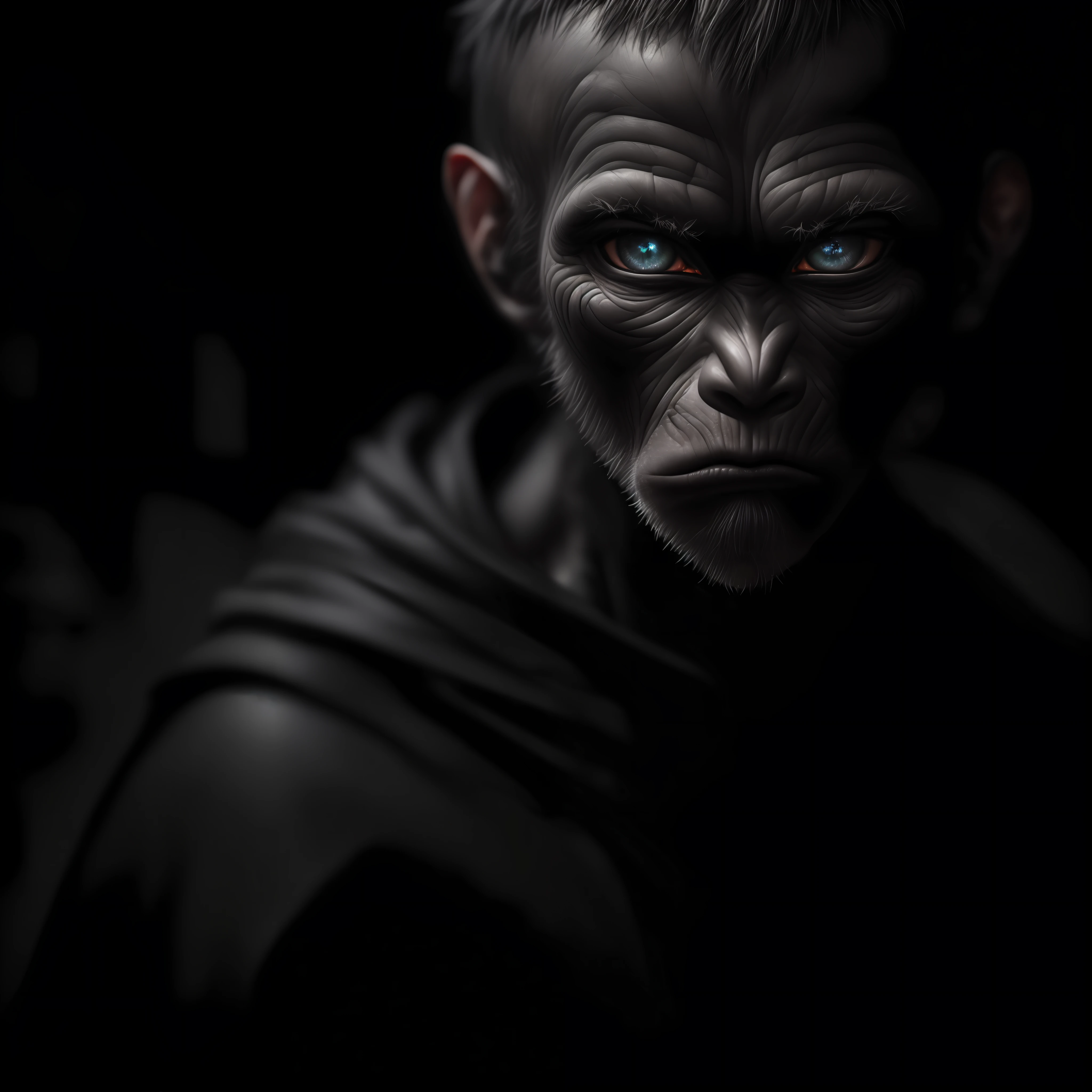 (sharp focus:1.2), an award winning photo of an monkey dressed as a monk, black outside, lightning back lighting, , lines on face, wrinkles, extremely detailed skin, sadness, hopelessness ,cloudy eyes, (deep shadows:1.1), high contrast, beautiful eyes, absurdres, 8k, (high quality:1.3), , artstation hd, concept art, detailed face and body, award-winning photography, (moody lighting:1.2), depth of field, bokeh, 4K, HDR