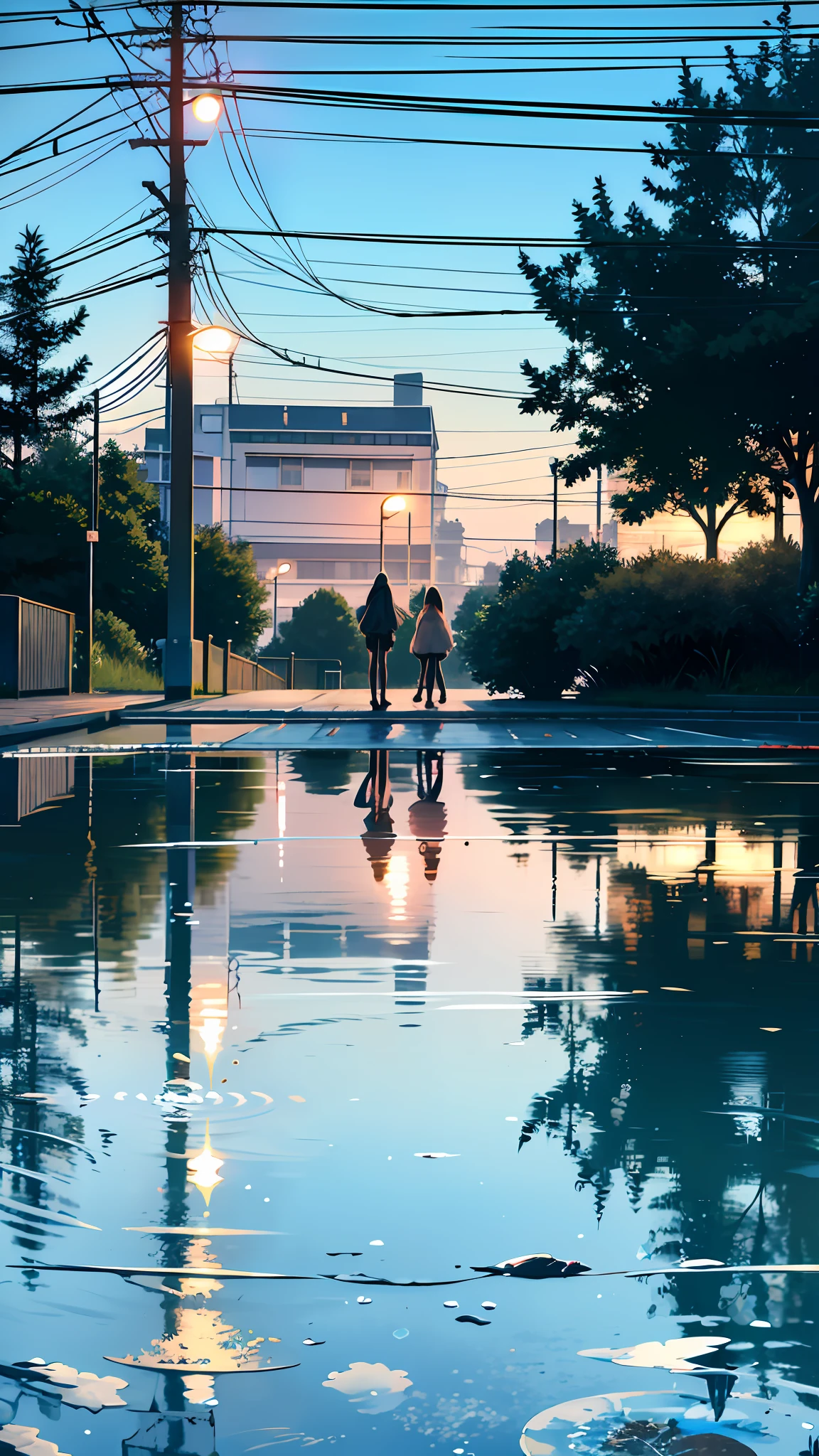 There is a street lamp reflected in the water, Reflective puddle, marvellous reflection of the sky, The reflection of rainwater on the ground, Wet puddle reflection, sitting in a reflective pool, reflection in water, Reflection in the water, Water reflection on wet streets, sitting on a reflective pool, day after raining, beautiful rtx reflections, reflections on the water,The character JK Girl stepped forward,There is a reflection of a maiden on the water