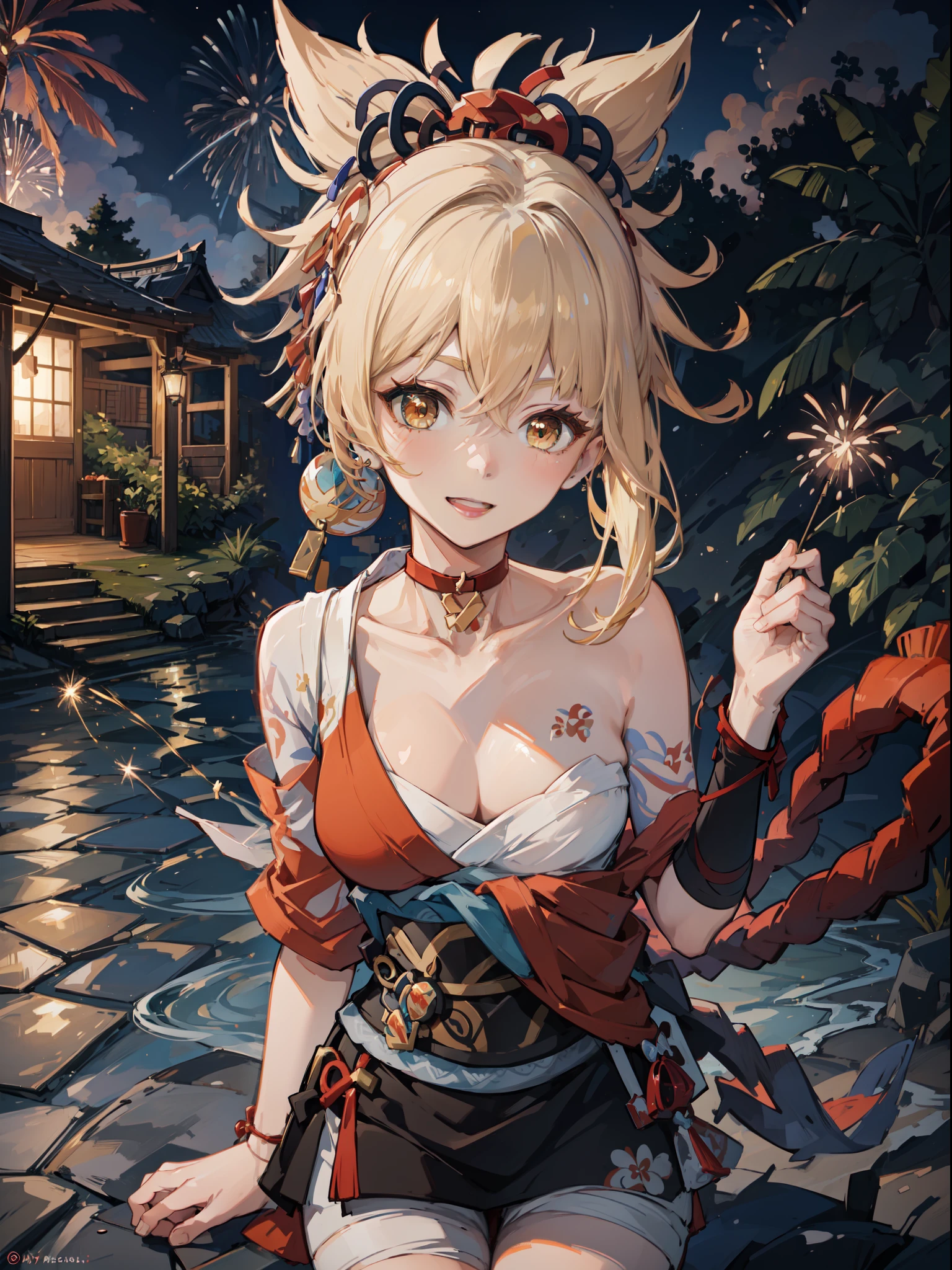 (origen), Yoimiya playing with fireworks on the beach at night, illuminated by the gentle moonlight. The scene exudes a sense of enchantment and wonder as Yoimiya's fireworks light up the night sky, casting a mesmerizing glow over the beach. The artwork captures the beauty and joy of the moment, showcasing Yoimiya's playful and vibrant personality in a stunning and magical portrayal, Illustration, digital art, (masterpiece), (perfect face), (perfect hand), (symetrical face proportions), (best quality), --4K --UHD --Hyperdetailed