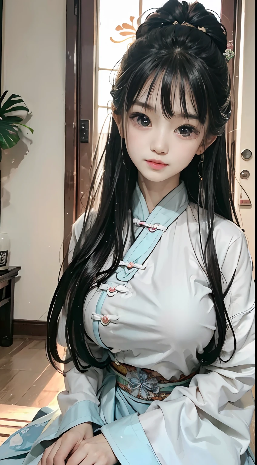 Master quality, highest quality, best picture quality, exaggerated details, a cute old asian little girl with a shy expression, slightly squinted eyes, adjusting her hair, long eyelashes (long hair / very, very exaggerated big breasts _ tits / in hanfu chinese luxury), posing in front of the camera, wet throught