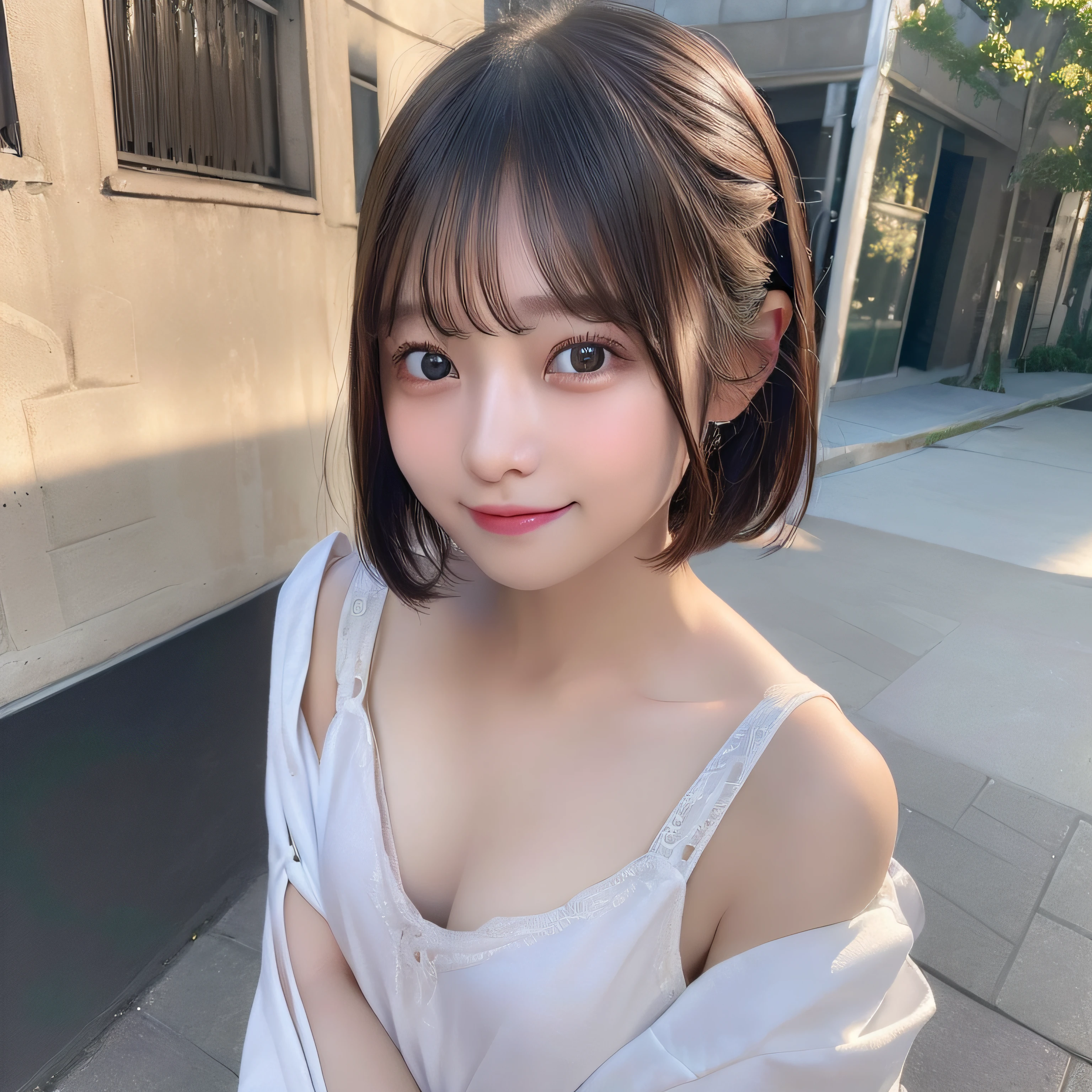 (8K、RAW Photography、top-quality、masterpiece:1.2)、(reallistic、Photorealsitic:1.37)、The ultra -The high-definition、1 girl in、cute little、(Nasal redness)、(a smile:1.1)、(Closed)、mideum breasts、beautidful eyes、(short-hair:1.2)、Floating Hair