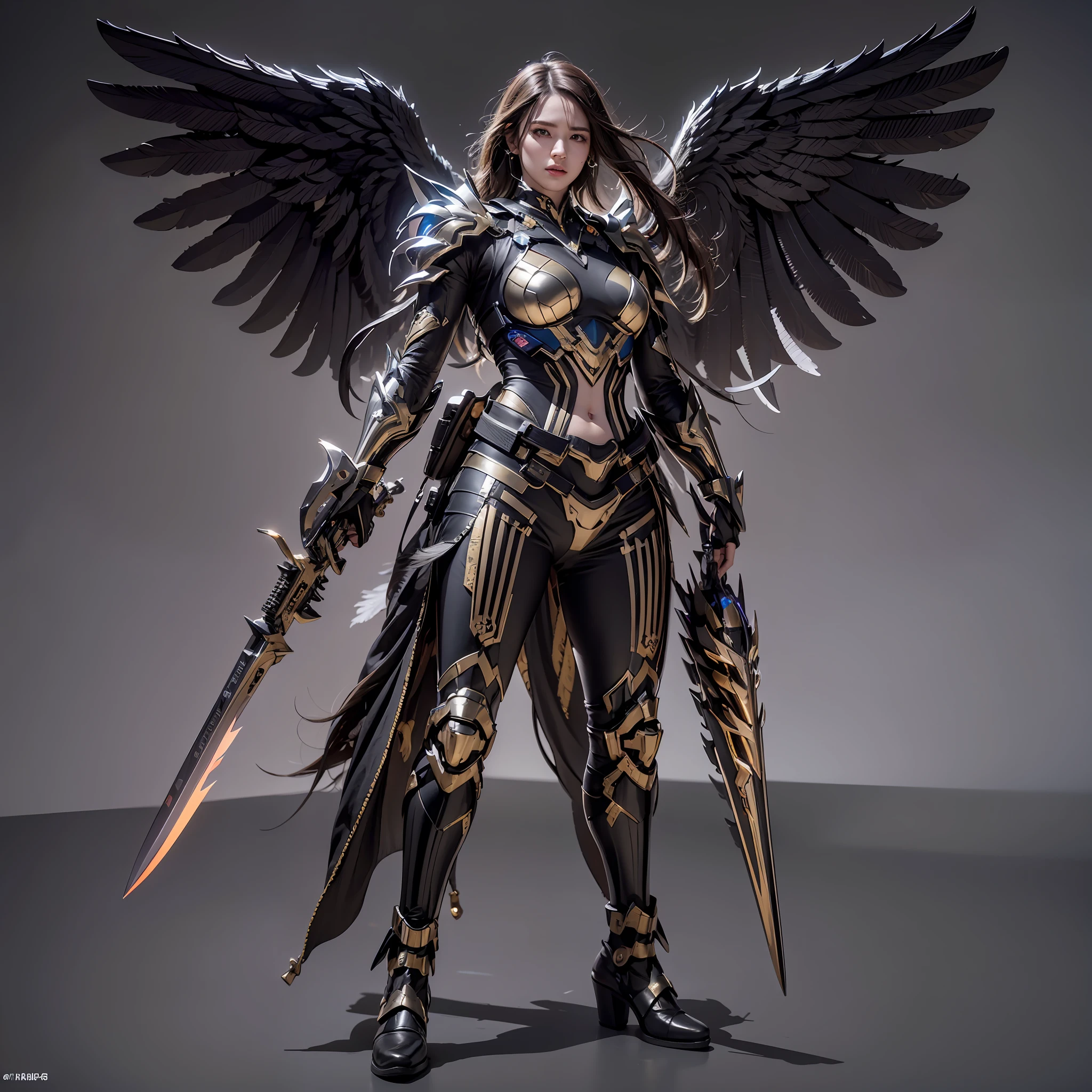 1girll，Dark Angel Warrior，(((On the back there is a pair of large black half-body wings)))，Black titanium，Metal wings，（（Metal wings）），（（Black gold metal armor）），high detal，（beautifulface），Perfect facial features，red tinted hair，Black and gold greatsword，Futuristic technical background，apathy、Aloof、On the high horse，atmospurate、macro，Realistis，hdr（HighDynamicRange）、Ray traching、NVIDIA RTX、Hyper-Resolution、illusory 5、sub surface scattering、post-proces、Anisotropy Filtering、depth of fields、maximum definition and sharpness，Surface coloring、Accurately simulate light-material interactions、perfectly proportions、rendering by octane、largeaperture、Low ISO、White balance、the rule of thirds、8K raw data、lightand shade contrast