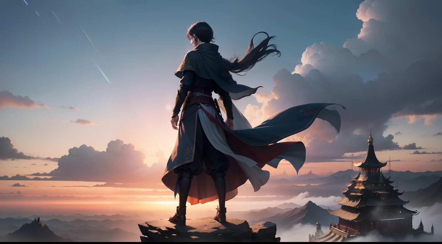 Fantasy novel characters,A slender teenager,Standing on a high mountain,Feel the howling wind。In the afterglow of dusk,There was a twinkle in his eyes
