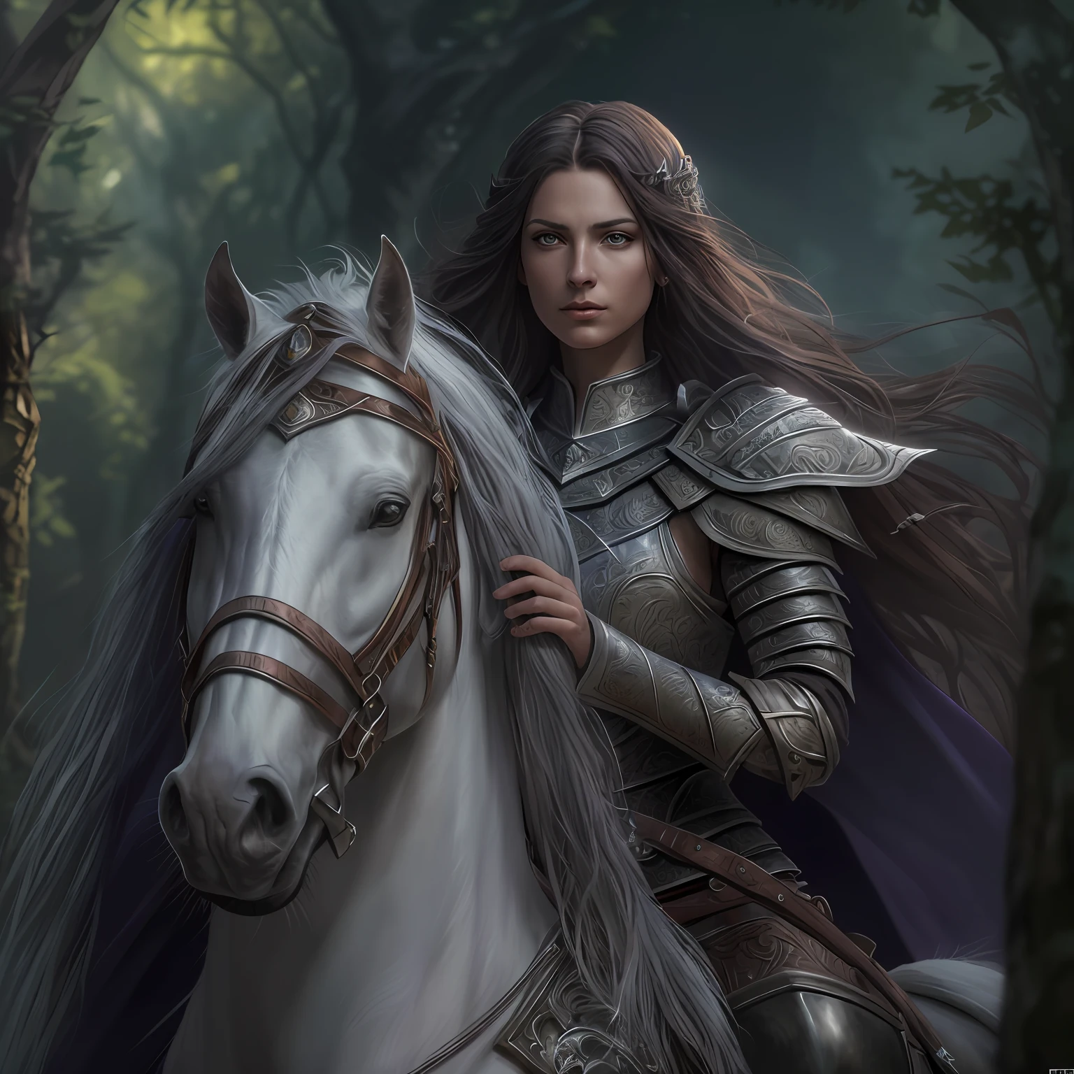 arafed, high details, best quality, 8k, [ultra detailed], masterpiece, best quality, (extremely detailed), dynamic angle, ultra wide shot, RAW, photorealistic, fantasy art, dnd art, rpg art, realistic art, a picture of  female human holy warrior riding horse, warrior of god, holy warrior, full body, ultra detailed face  (1.4 intricate details, Masterpiece, best quality, [[anatomically correct]] dynamic position (1.5 intricate details, Masterpiece, best quality) in dark forest (1.5 intricate details, Masterpiece, best quality), woman wearing bright armor, heavy armor (1.4 intricate details, Masterpiece, best quality), armed with radiant sword (1.3, masterpiece), purple cloak (1.3, masterpiece) holy symbol with [bright aura] (1.4), long hair, dark hair, intense eyes, green eyes white horse (1.4 intricate details, Masterpiece, best quality), dark forest background (1.5 intricate details, Masterpiece, best quality) dawn light, 3D rendering, high details, best quality, highres, ultra wide angle@EG1