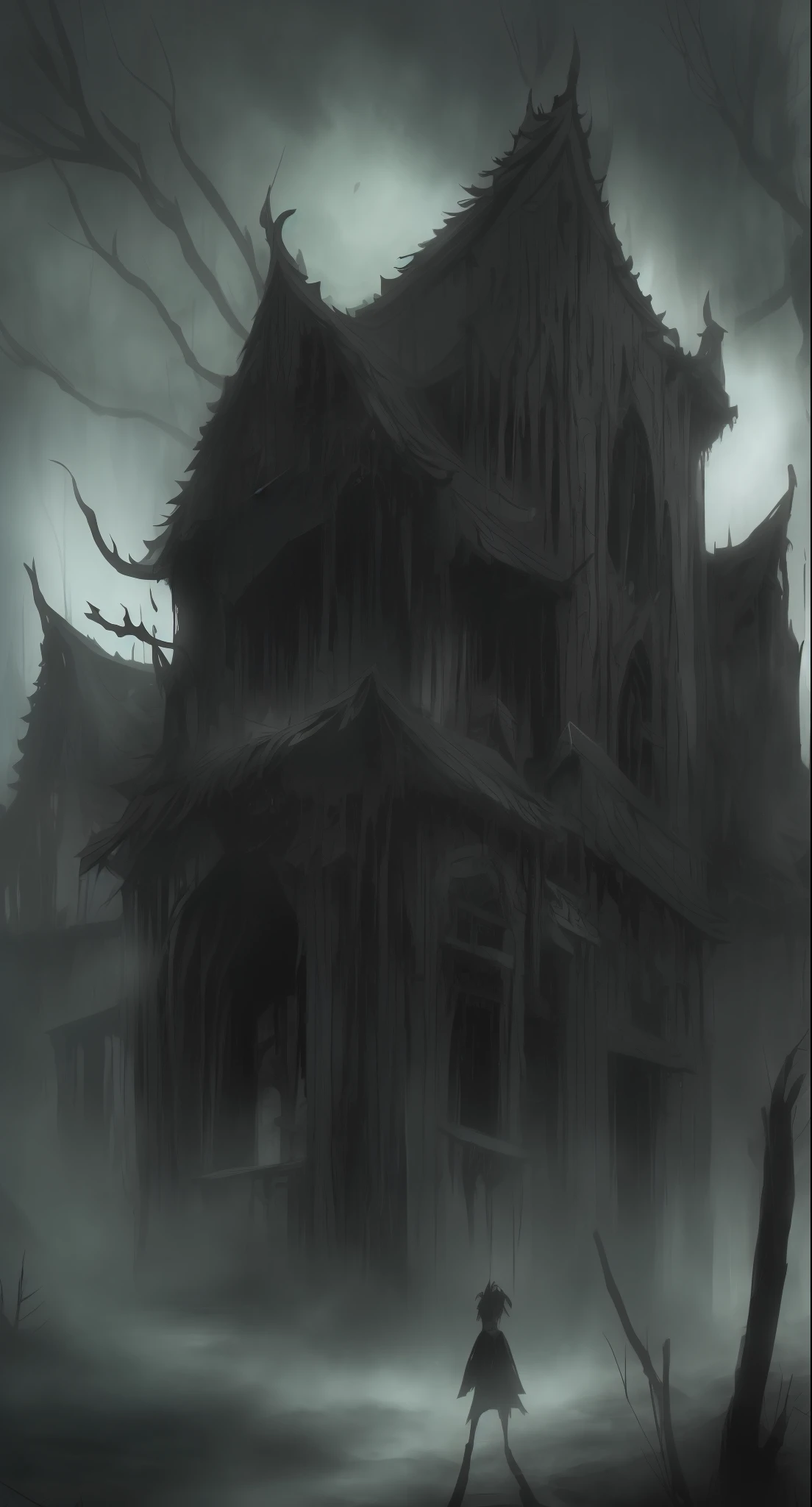 The image depicts a dark and creepy scene，Includes dark and contrasting tones。the are In the background，There is a majestic and dilapidated Gothic mansion，Its towers reach out into the night sky。Its stone walls have been worn and decayed by time，The atmosphere of abandonment and melancholy intensified。The starry sky is covered with thick dark clouds，dark stormy clouds。Lightning cuts the horizon，Cast a brief flash of light，Illuminate the surroundings，Reveal ominous details。The full moon hovers in the sky，Shrouded in a spectral halo，His supernatural presence is highlighted。In front of the mansion，There is an abandoned garden，Where withered and prickly plants grow disorderly。Rough leafless trees cast ominous shadows over the terrain。Dead black flowers bloom in a twisted spiral，Evokes a decaying sense of life。There is no image center，Destaka - If it's a lonely human form。She's standing，With an air of despair and pain。His face was gloomy，The expression is a mixture of fear and pain。The person puts his hand on his face，He seemed to be in pain，Fight the pain inside。The figure is surrounded by ominous shadows，These shadows stretch and twist on the ground，It looks like a pre-named la no lugar。These shadows create an illusion of movement，And make it feel like the characters are trapped in an endless nightmare。The scene is sparsely lit，Focus on specific points，Highlight the element key，Add mystery and suspense。The main color is black，greys，Brown and dark purple，Create a dark and suffocating environment。There are no conjunctions，Gothic style illustrations have depth，Try to capture the essence of anxiety and despair。It depicts a melancholy world，Repressed and full of negative emotions，The audience is immersed in a whirlwind of dark emotions。