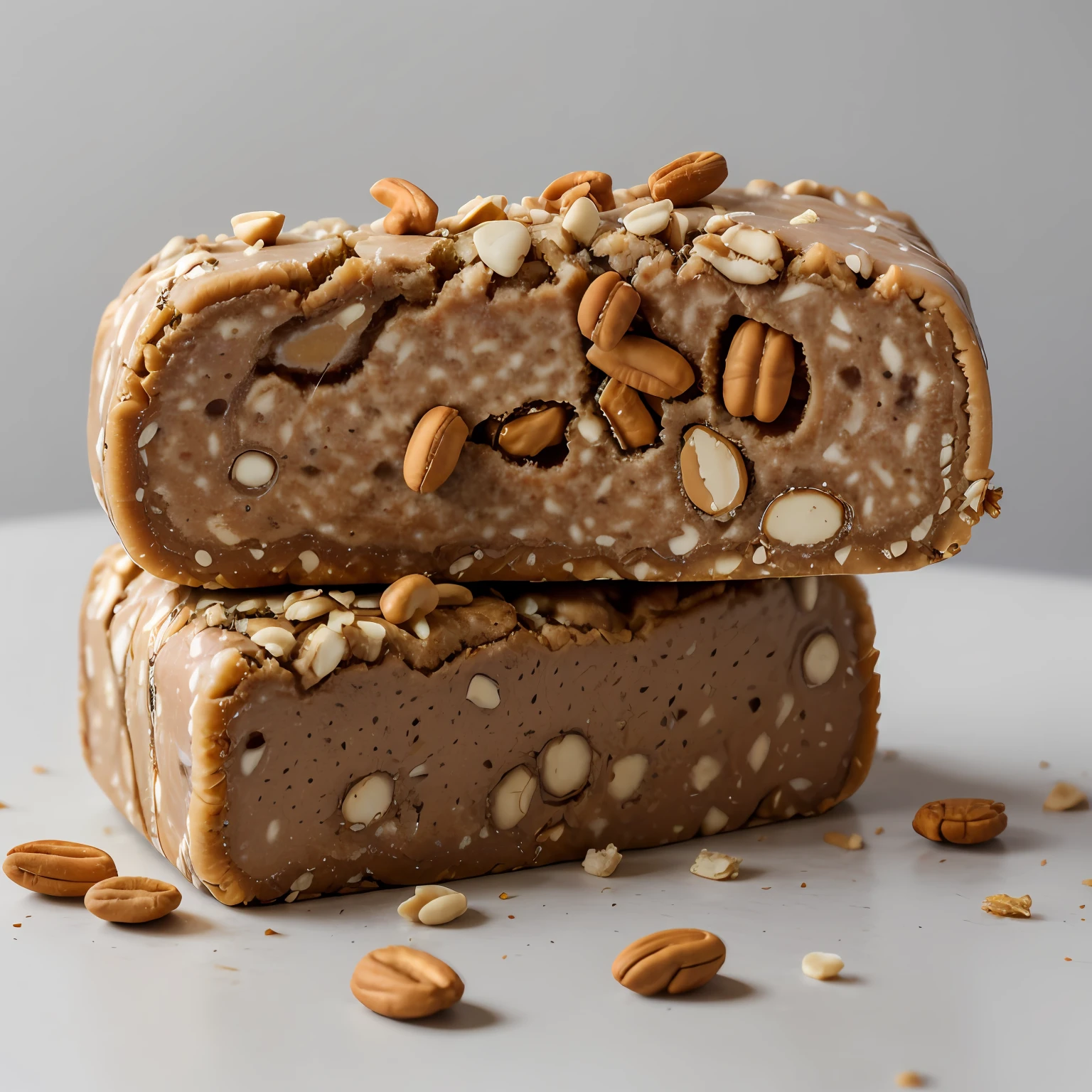 RAW photo, center of frame is an overhanging, wrapped protein bar, peanut fragments flying out of the center, lots of peanuts in the surrounding area, splattered milk, food photography, professionally toned, no contrast, clear sharp focus, food photography .