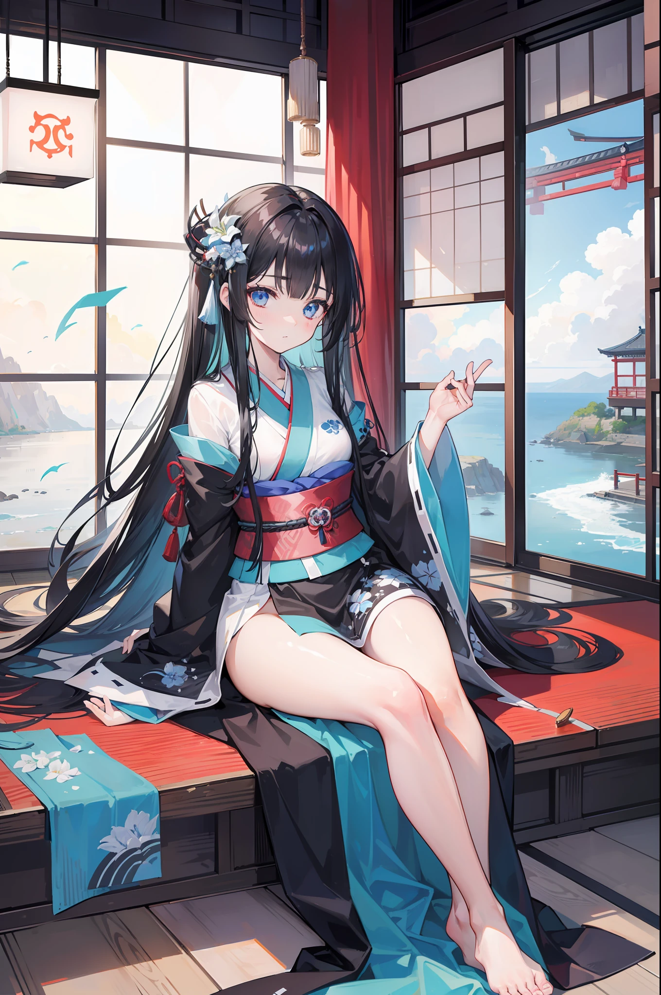 1 girl in、Long black hair、Blue eyes、Jewel-like eyes、Attention to the eyes、sitting on、the wind、Hair swaying in the wind、Lily pattern kimono、Black kimono、Beautiful fece、traditional Japanese room、Japanese-style room with open windows、The sea seen from the window、Beautiful sunshine、a beauty girl、Head to waist、(High resolution of the highest quality)、((Masterpiece Highest Quality:1.2)), [[bad face]], [[Fused fingers]], [[multiple limbs]]