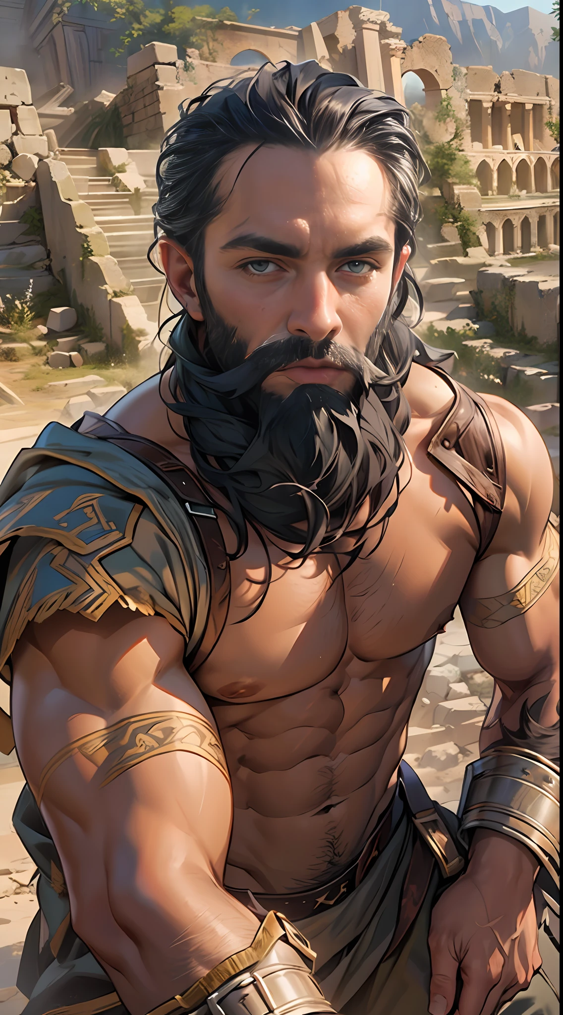 Sculpted hero, upper body uncovered, legs exposed from thighs to feet, bearded with beaded facial hair, luxuriant long curls, intricate muscularity, photorealistic portrayal, 4K resolution. Background: Epic battlefield with ancient ruins.,32k uhd, best quality, masterpiece, super detail, high details