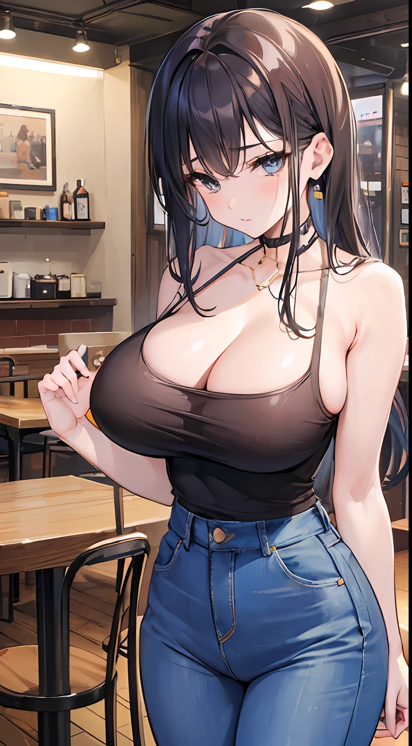 (realisitic、hight resolution:1.3)、((A MILF))、One woman with a perfect figure、length hair、Tank tops:1 in random color.2、Short jeans、in a cafe、coffee on table、huge tit、Exposed cleavage、nsfw