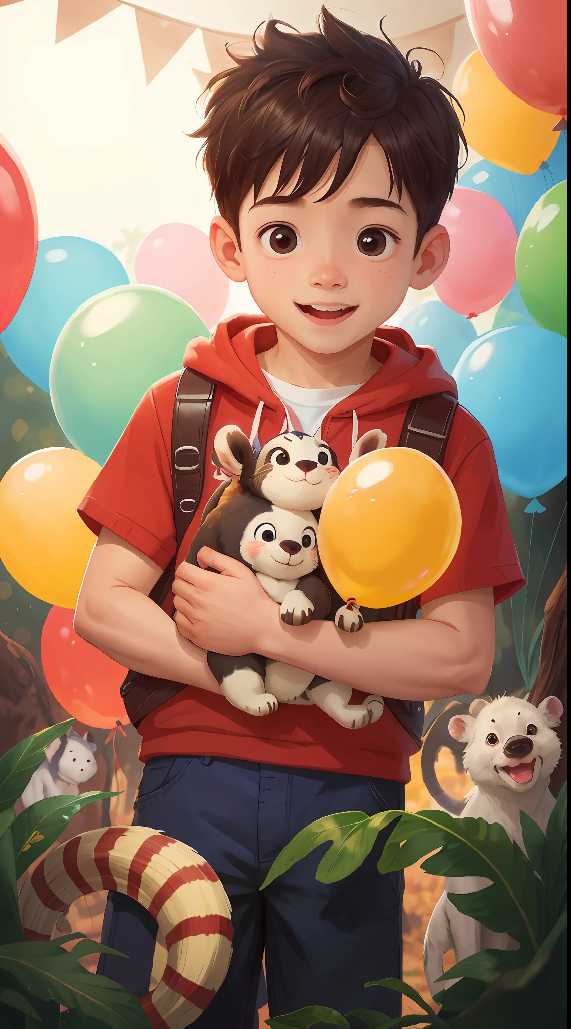 A boy, zoo, many balloons, happy, happy, perfect quality, clear focus (clutter - home: 0.8), (masterpiece: 1.2) (realistic: 1.2) (bokeh) (best quality) (detailed skin: 1.3) (intricate details) (8K) (detail eyes) (sharp focus), (happy)