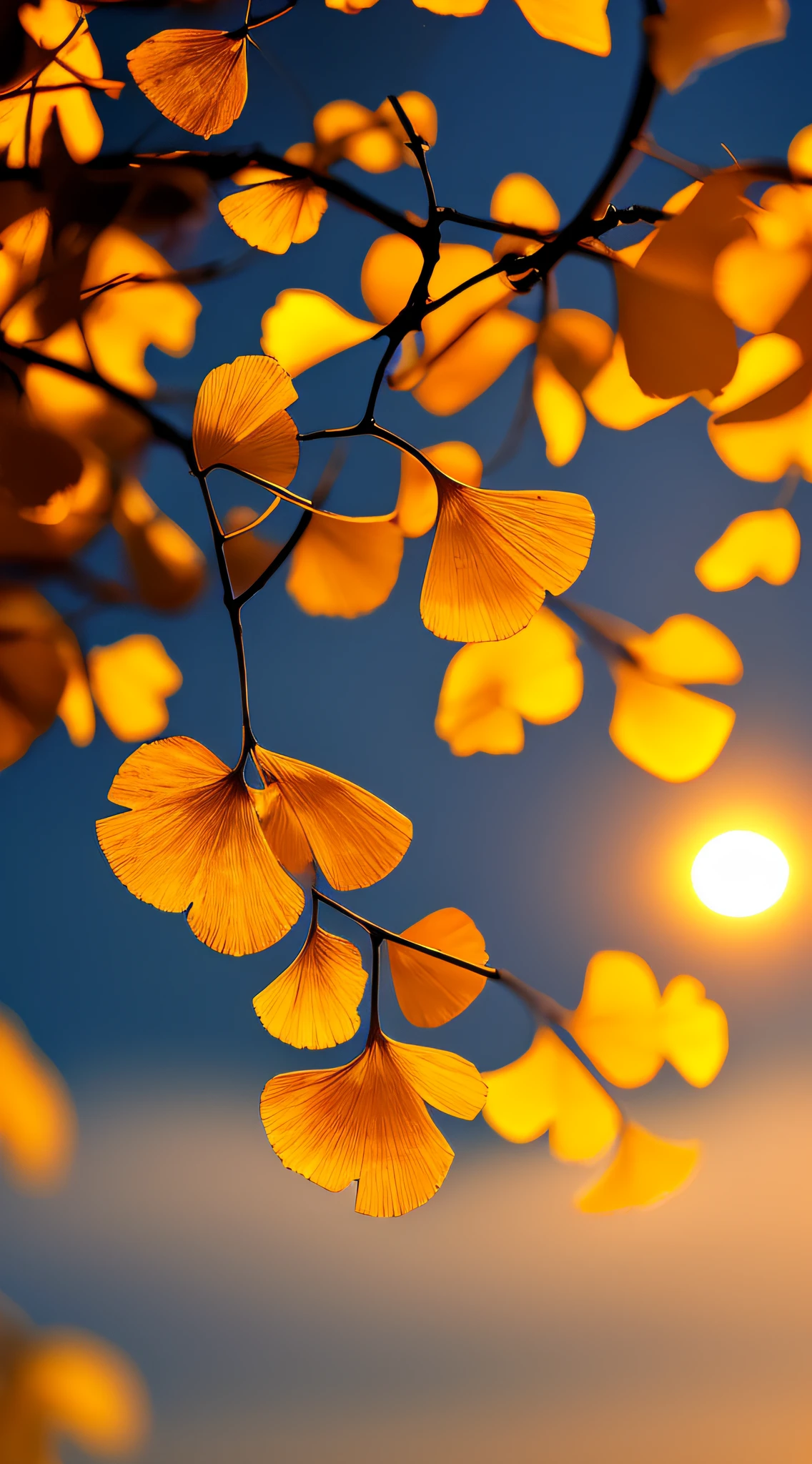 tmasterpiece,Ultimate quality,CG unity 8k wallpaper,Super delicate,ginkgo leaf,the setting sun,Excellent view,Winning photo contest,Background bokeh,The depth of field is full,HDR high dynamics,True restore,iintricate,Attention to detail,Dramatic,The perfect presentation of Midjourney's artistic style。