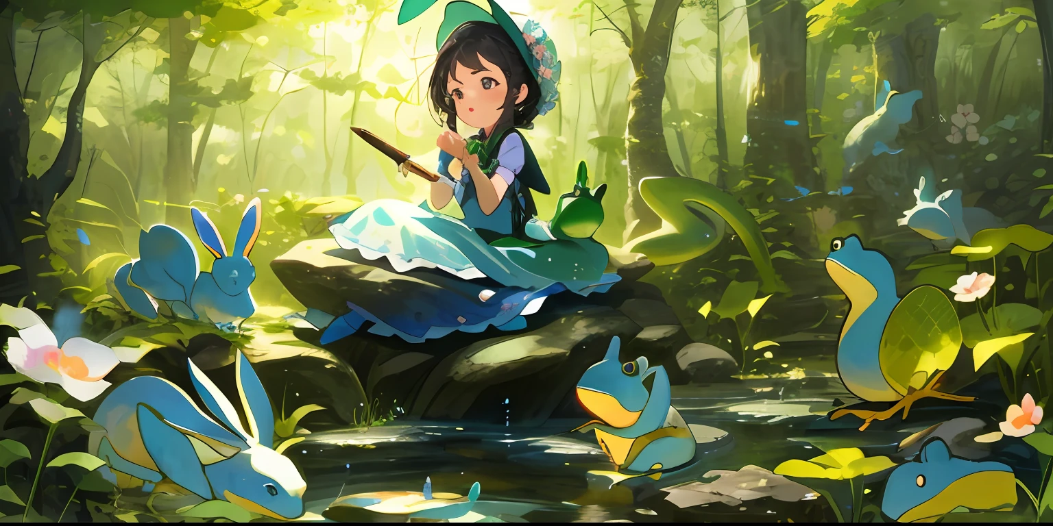 A girl sits on a stone and sings,The expression is happy,Delicate facial features,,at a forest,Rabbits, frogs, snakes and other animals listening to the girl singing around,Various animals came to watch the little girl,illustration,4k,The picture is exquisite,Daisaku,