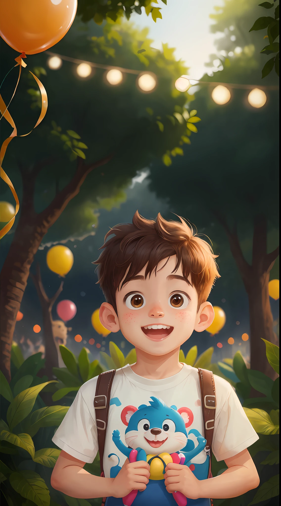 A boy, zoo, many balloons, happy, happy, perfect quality, clear focus (clutter - home: 0.8), (masterpiece: 1.2) (realistic: 1.2) (bokeh) (best quality) (detailed skin: 1.3) (intricate details) (8K) (detail eyes) (sharp focus), (happy)