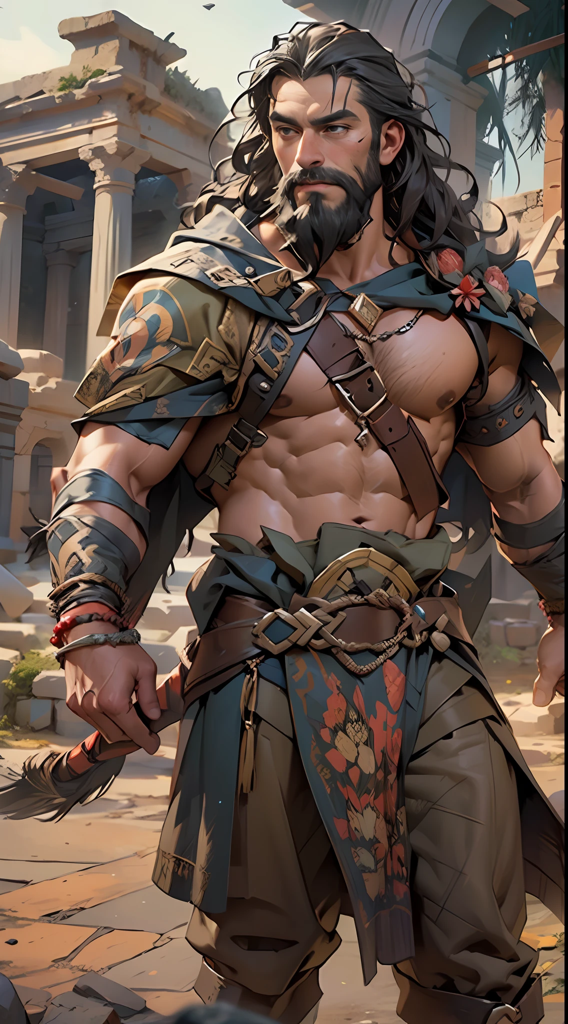 Sculpted hero, upper body uncovered, legs exposed from thighs to feet, bearded with beaded facial hair, luxuriant long curls, intricate muscularity, photorealistic portrayal, 4K resolution. Background: Epic battlefield with ancient ruins.,32k uhd, best quality, masterpiece, super detail, high details