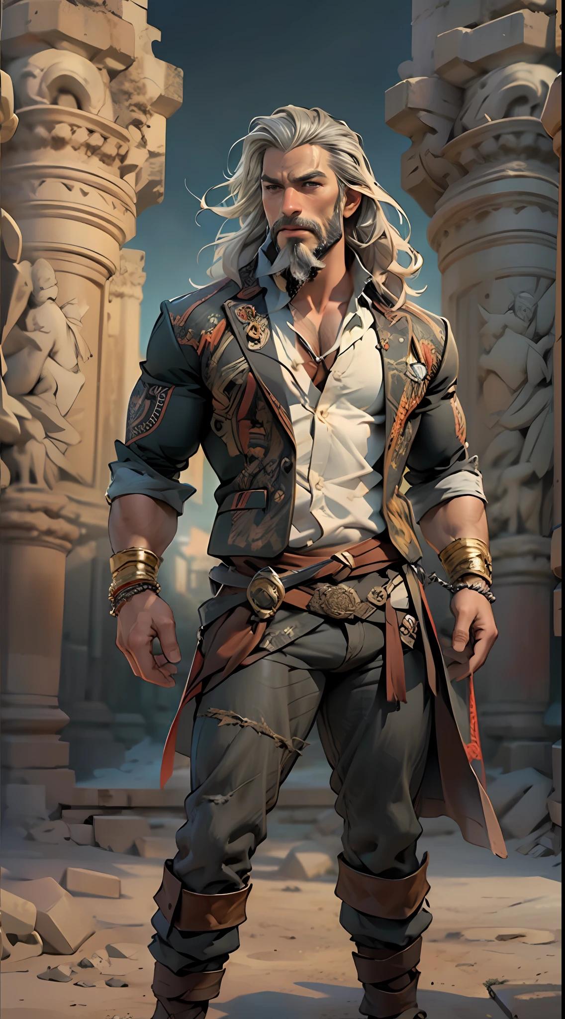 Sculpted hero, upper body uncovered, legs exposed from thighs to feet, bearded with beaded facial hair, luxuriant long curls, intricate muscularity, photorealistic portrayal, 4K resolution. Background: Epic battlefield with ancient ruins.,32k uhd, best quality, masterpiece, super detail, high details