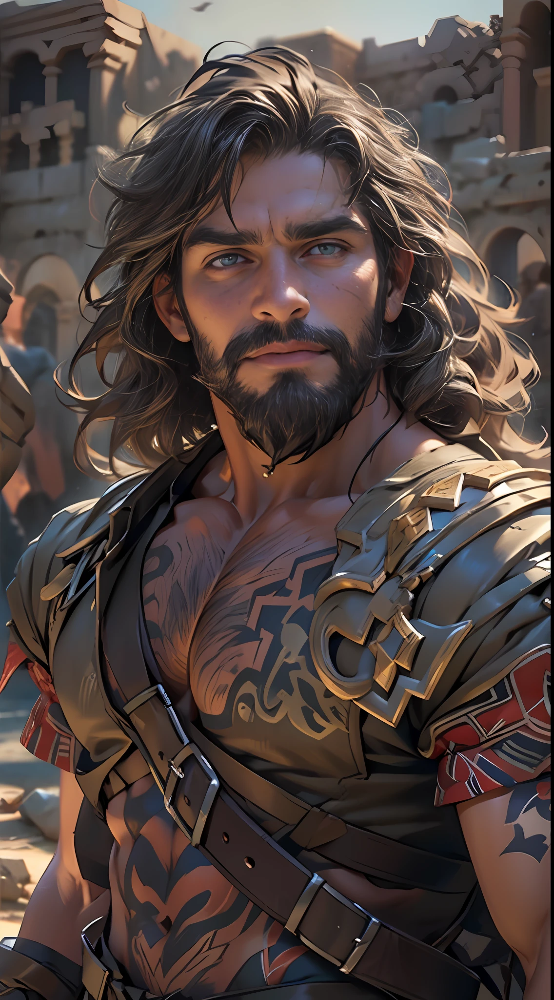 Sculpted hero, upper body uncovered, legs exposed from thighs to feet, bearded with beaded facial hair, luxuriant long curls, intricate muscularity, photorealistic portrayal, 4K resolution. Background: Epic battlefield with ancient ruins.,32k uhd, best quality, masterpiece, super detail, high details
