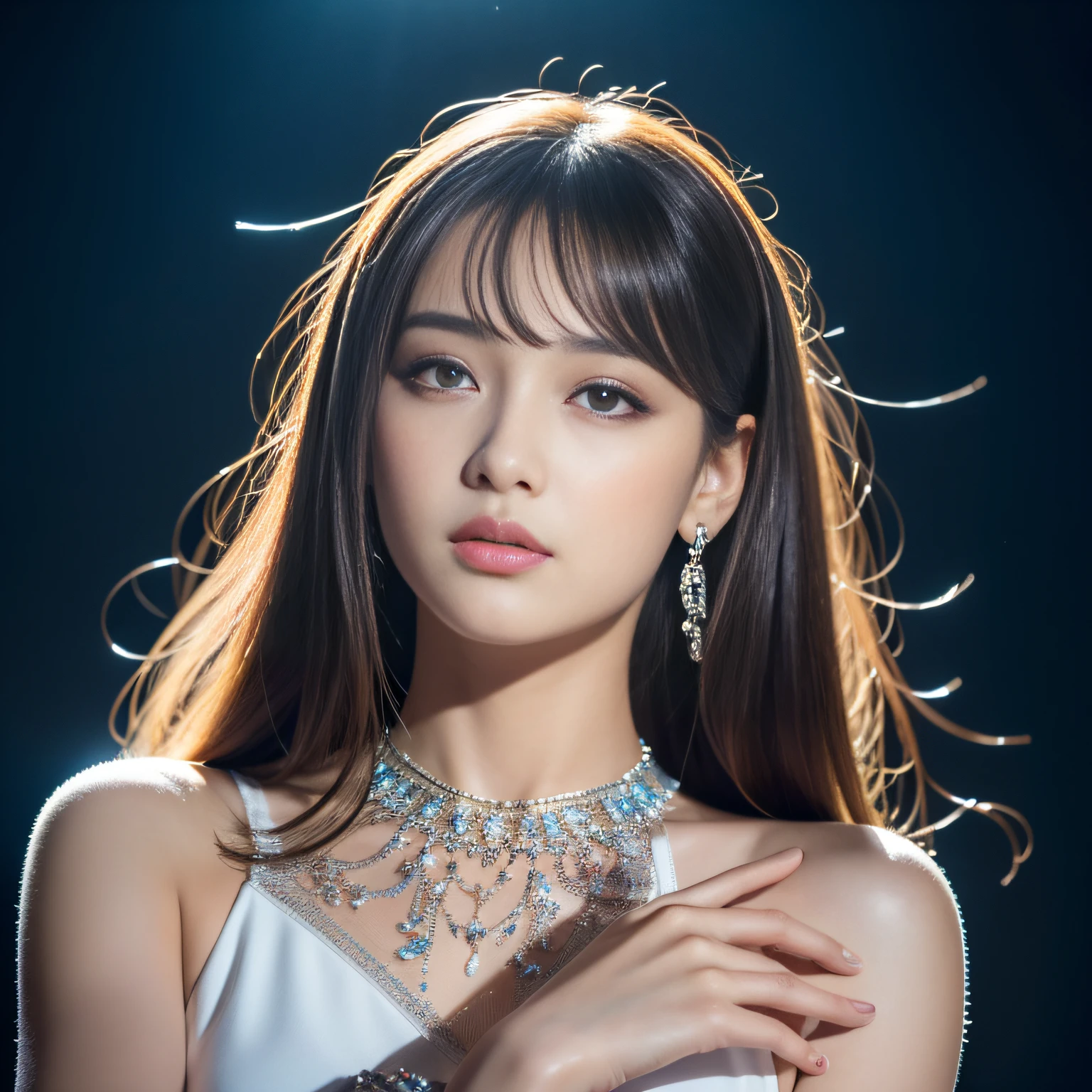 (top-quality), (​masterpiece), (hight resolution), Original, extremely detailed 8K (Very delicate), top-quality, ​masterpiece,Highly detailed facial and skin texture、A detailed eye,超A high resolution, (Photorealsitic:1.4), Full body photo up to the toes、1 persons、natta、Realistic light、On stage、Blue Idol Costume、a 18 year old girl