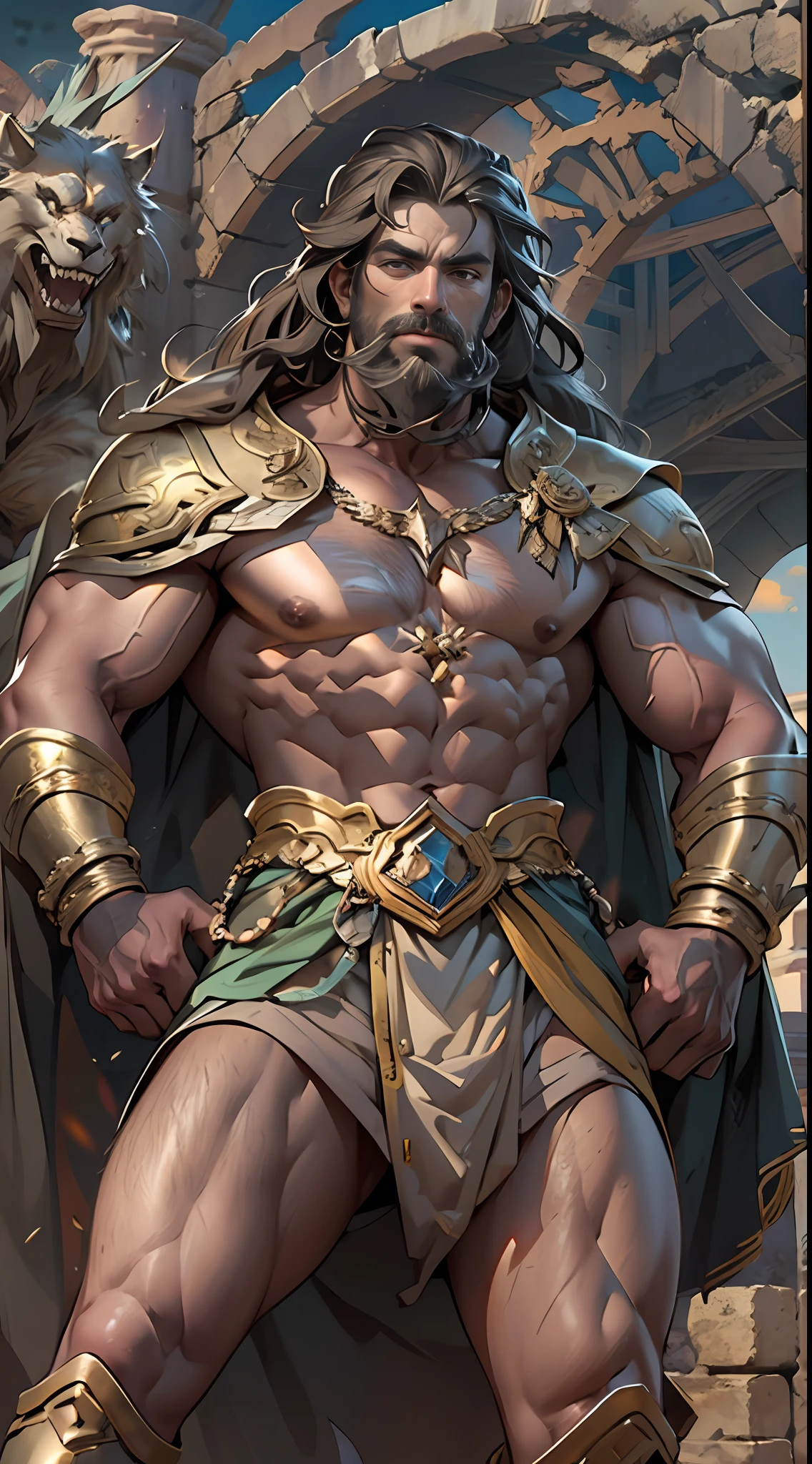 Sculpted hero, upper body uncovered, legs exposed from thighs to feet, bearded with beaded facial hair, luxuriant long curls, intricate muscularity, photorealistic portrayal, 4K resolution. Background: Epic battlefield with ancient ruins.,32k uhd, best quality, masterpiece, super detail, high details