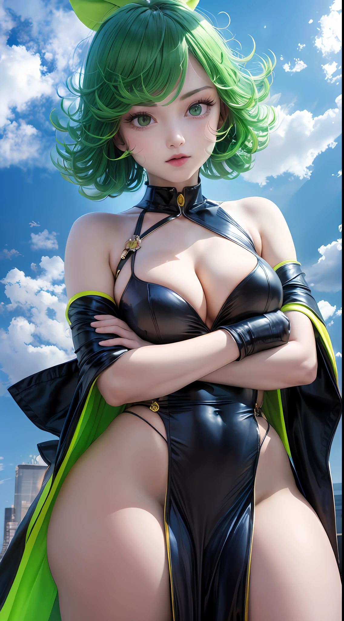 high art, (masterpiece, best quality:1.2), solo, 1girl, 12 years old, young girl, flat chest, huge ass, tatsumaki, unamused, closed mouth, looking at viewer, crossed arms, green medium hair, black slit dress, pelvic curtain dress, blue sky background,