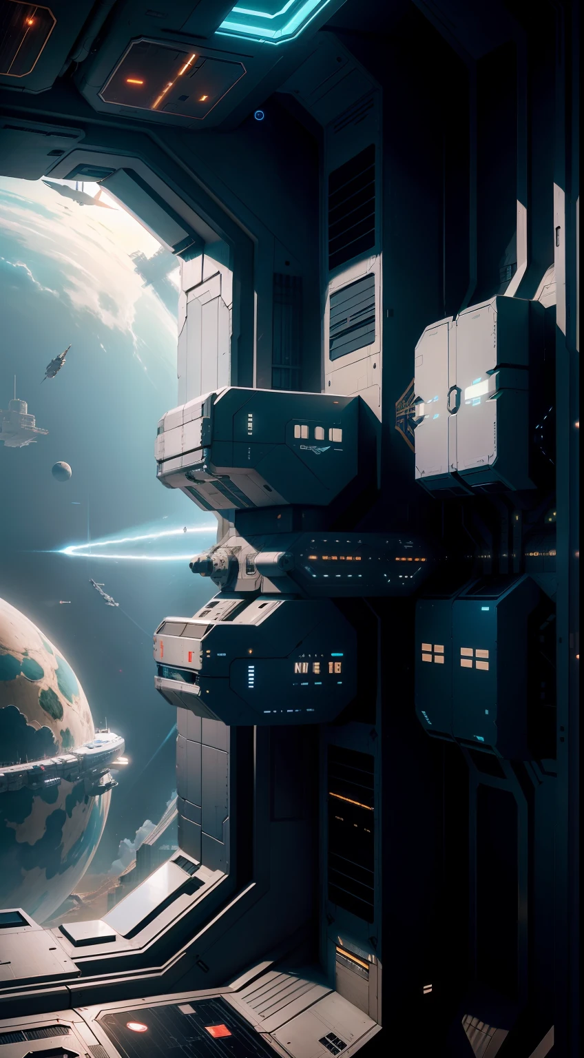 cyber punk style,Space launch base,Envision: A space ladder connected to the space station is in operation,Close-up people are working and watching。