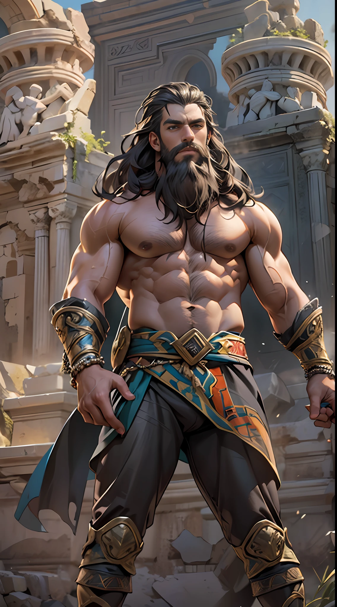 Sculpted hero, upper body uncovered, legs exposed from thighs to feet, bearded with beaded facial hair, luxuriant long curls, intricate muscularity, photorealistic portrayal, 4K resolution. Background: Epic battlefield with ancient ruins.,32k uhd, best quality, masterpiece, super detail, high details