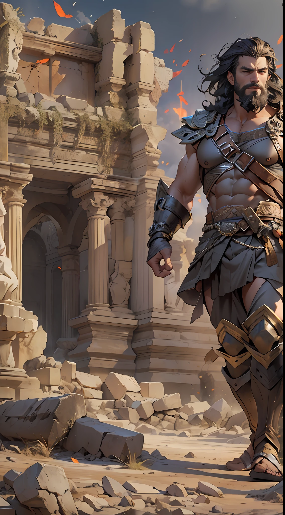 Sculpted hero, upper body uncovered, legs exposed from thighs to feet, bearded with beaded facial hair, luxuriant long curls, intricate muscularity, photorealistic portrayal, 4K resolution. Background: Epic battlefield with ancient ruins.,32k uhd, best quality, masterpiece, super detail, high details