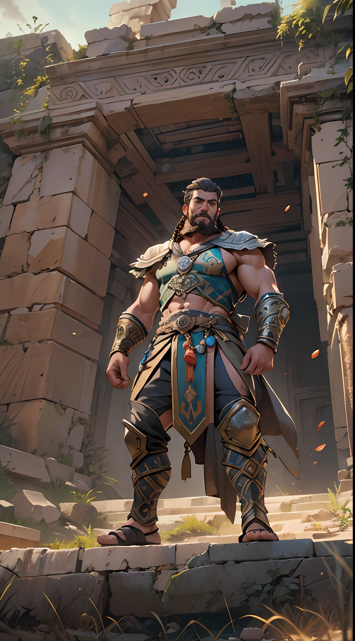 Sculpted hero, upper body uncovered, legs exposed from thighs to feet, bearded with beaded facial hair, luxuriant long curls, intricate muscularity, photorealistic portrayal, 4K resolution. Background: Epic battlefield with ancient ruins.,32k uhd, best quality, masterpiece, super detail, high details