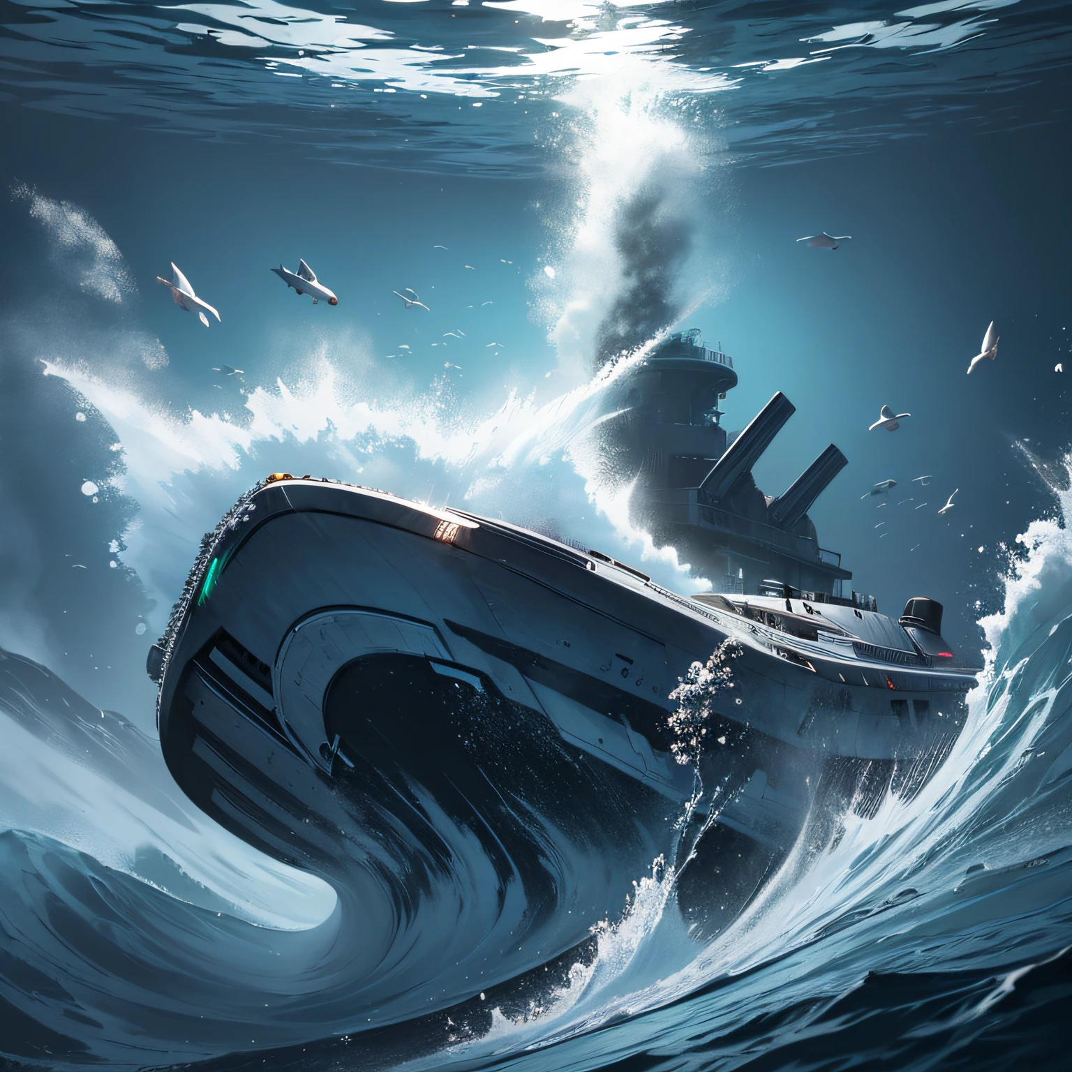 Ridiculous resolution,A high resolution,(tmasterpiece:1.4),Hyper-detailing,Underwater world(1.3),Nuclear submarine,It's fast,tidal waves,shock