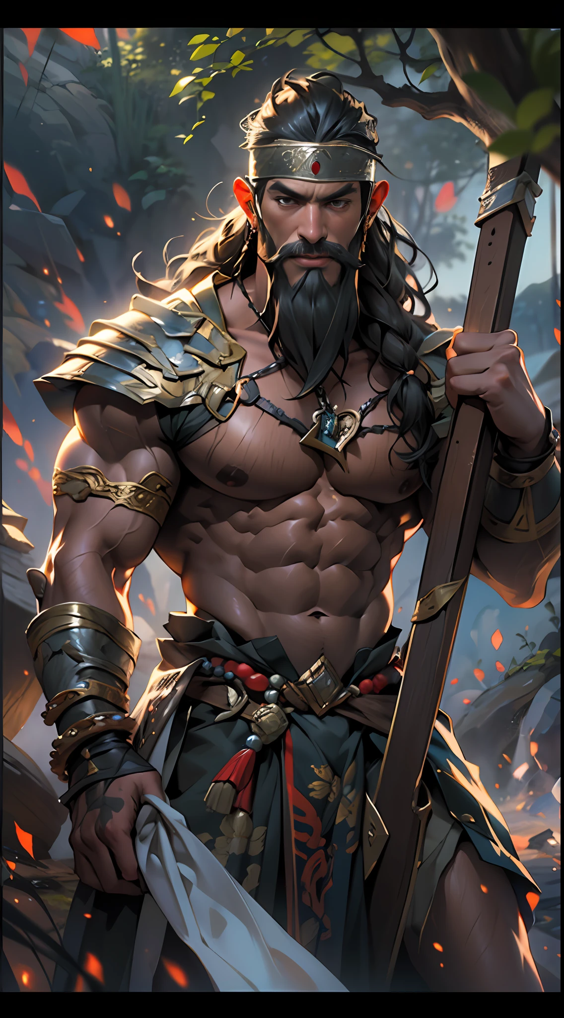 Powerful warrior, upper torso unveiled, lower body uncovered from thighs to feet, decorated with a beaded beard, cascading long curls, meticulous muscle definition, lifelike depiction, 4K resolution. Background: Mythical fantasy landscape,32k uhd, best quality, masterpiece, super detail, high details