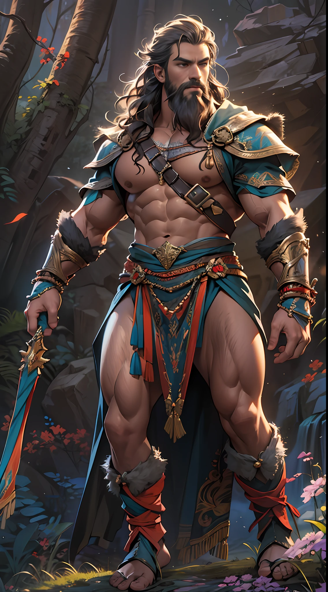 Powerful warrior, upper torso unveiled, lower body uncovered from thighs to feet, decorated with a beaded beard, cascading long curls, meticulous muscle definition, lifelike depiction, 4K resolution. Background: Mythical fantasy landscape,32k uhd, best quality, masterpiece, super detail, high details