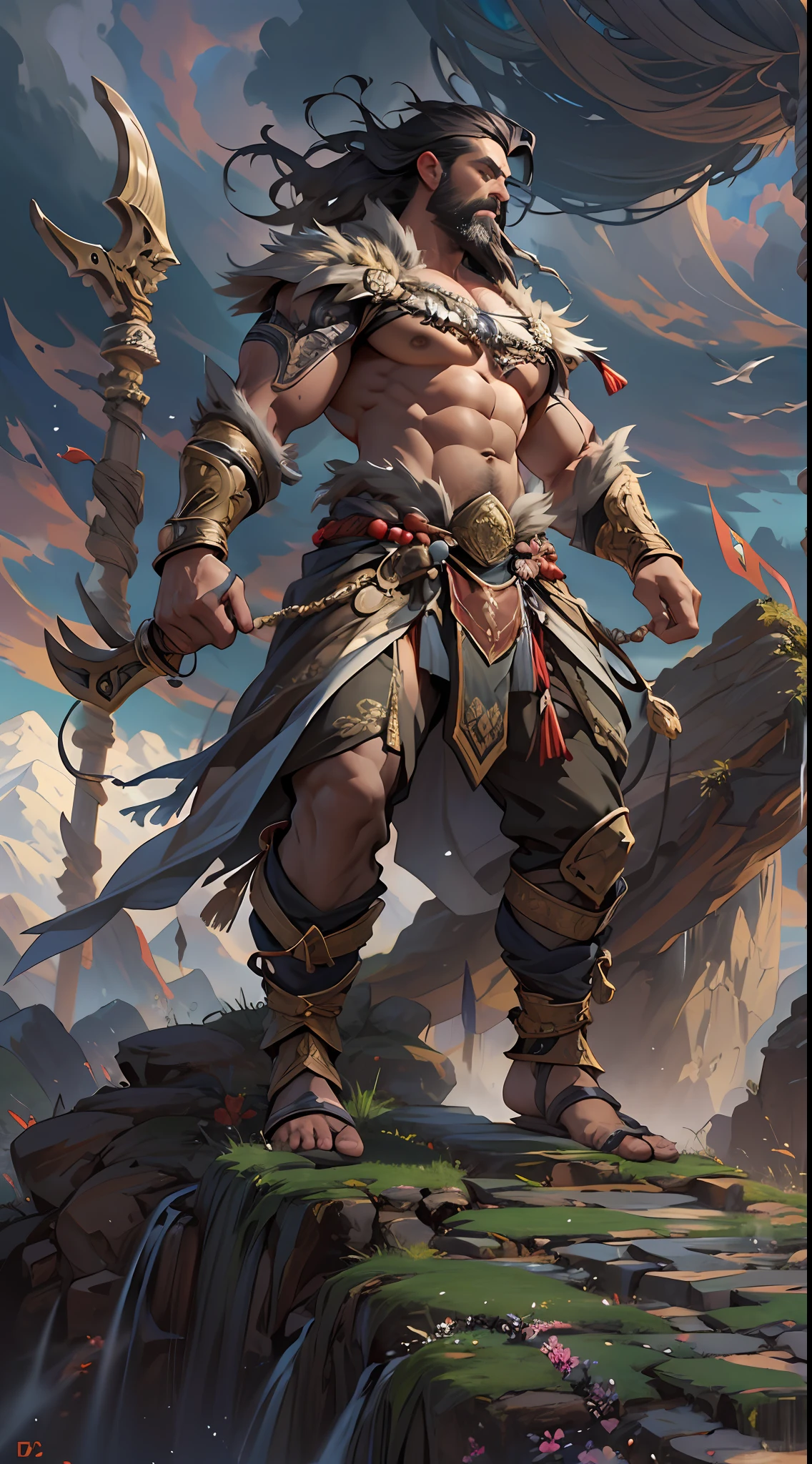 Powerful warrior, upper torso unveiled, lower body uncovered from thighs to feet, decorated with a beaded beard, cascading long curls, meticulous muscle definition, lifelike depiction, 4K resolution. Background: Mythical fantasy landscape,32k uhd, best quality, masterpiece, super detail, high details