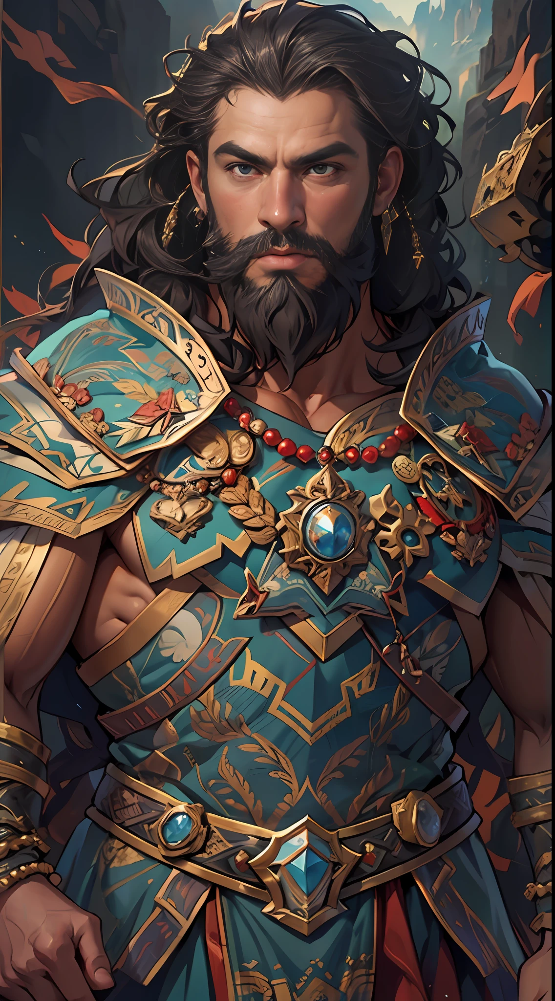 Powerful warrior, upper torso unveiled, lower body uncovered from thighs to feet, decorated with a beaded beard, cascading long curls, meticulous muscle definition, lifelike depiction, 4K resolution. Background: Mythical fantasy landscape,32k uhd, best quality, masterpiece, super detail, high details