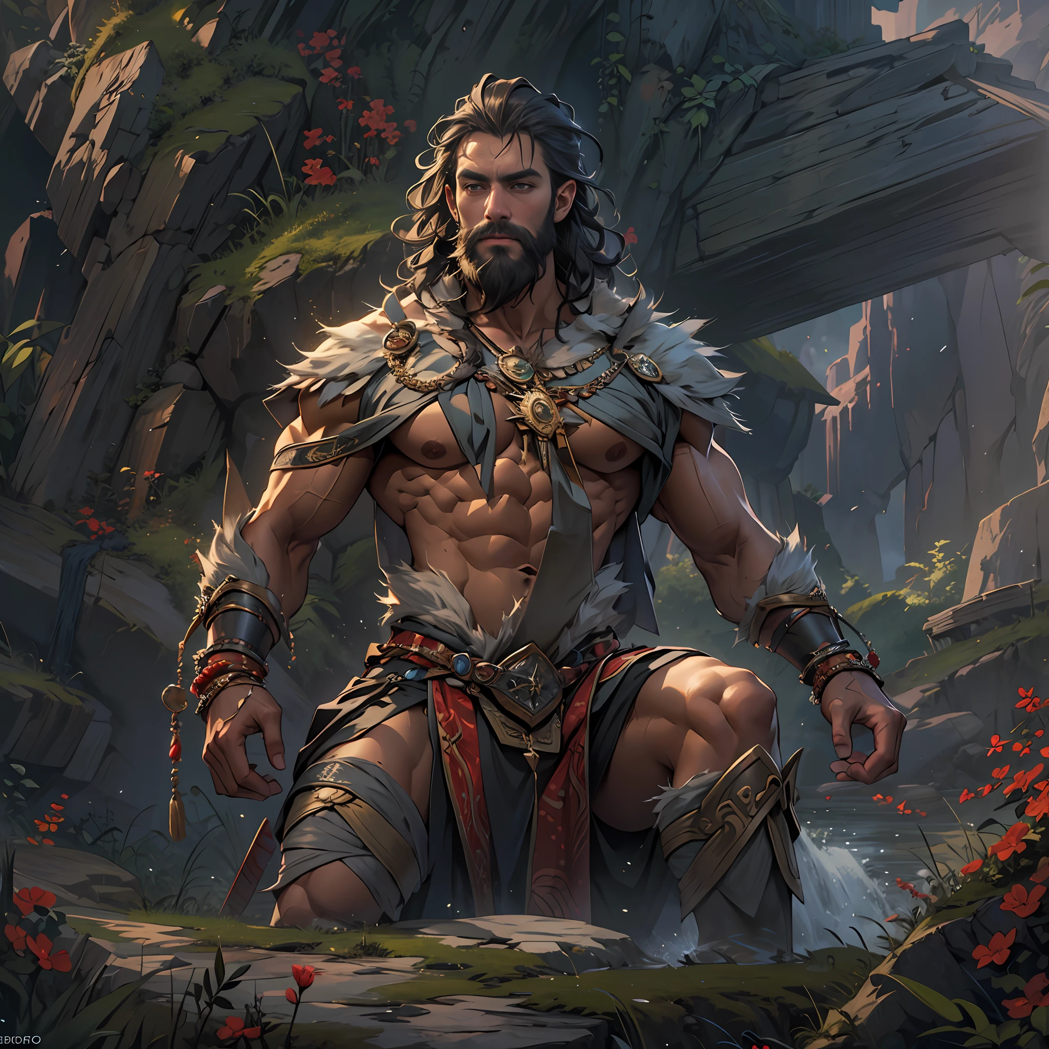Powerful warrior, upper torso unveiled, lower body uncovered from thighs to feet, decorated with a beaded beard, cascading long curls, meticulous muscle definition, lifelike depiction, 4K resolution. Background: Mythical fantasy landscape,32k uhd, best quality, masterpiece, super detail, high details