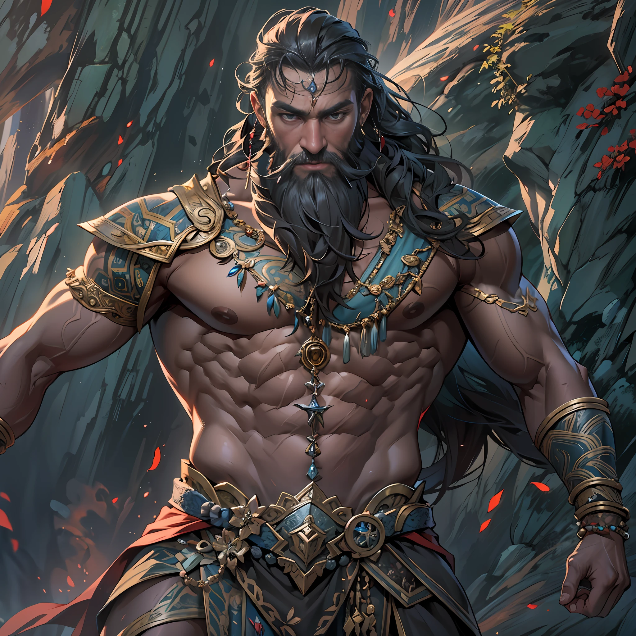 Powerful warrior, upper torso unveiled, lower body uncovered from thighs to feet, decorated with a beaded beard, cascading long curls, meticulous muscle definition, lifelike depiction, 4K resolution. Background: Mythical fantasy landscape,32k uhd, best quality, masterpiece, super detail, high details