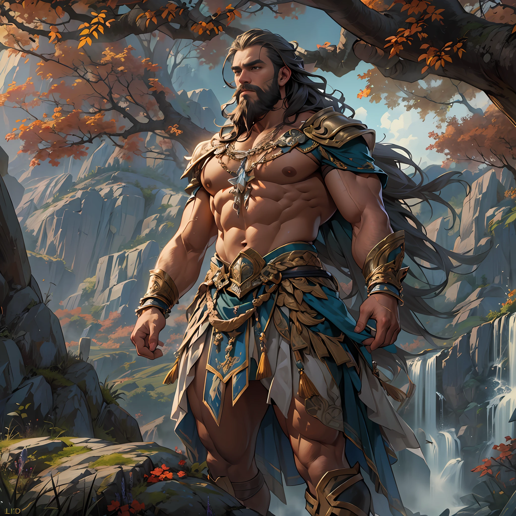 Powerful warrior, upper torso unveiled, lower body uncovered from thighs to feet, decorated with a beaded beard, cascading long curls, meticulous muscle definition, lifelike depiction, 4K resolution. Background: Mythical fantasy landscape,32k uhd, best quality, masterpiece, super detail, high details