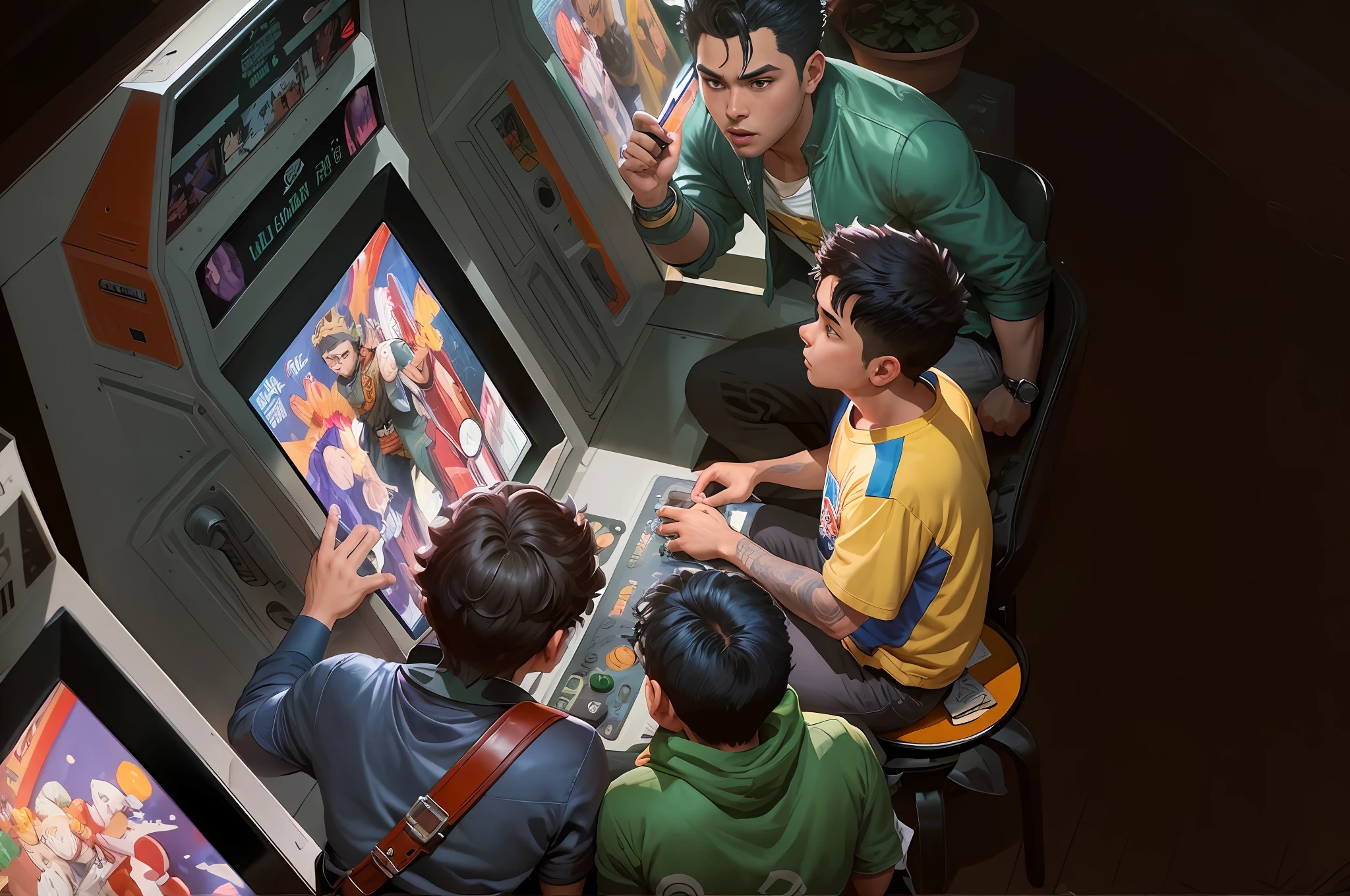 There are two boys playing video games at a small table, Fan art, rob rey and kentaro miura style, inspired by Rudy Siswanto, Game illustration, inspired by Liam Wong, gta chinatowon art style, jc leyendecker and sachin teng, a busy arcade, Playing games, hirohiko araki artwork, rpg game art