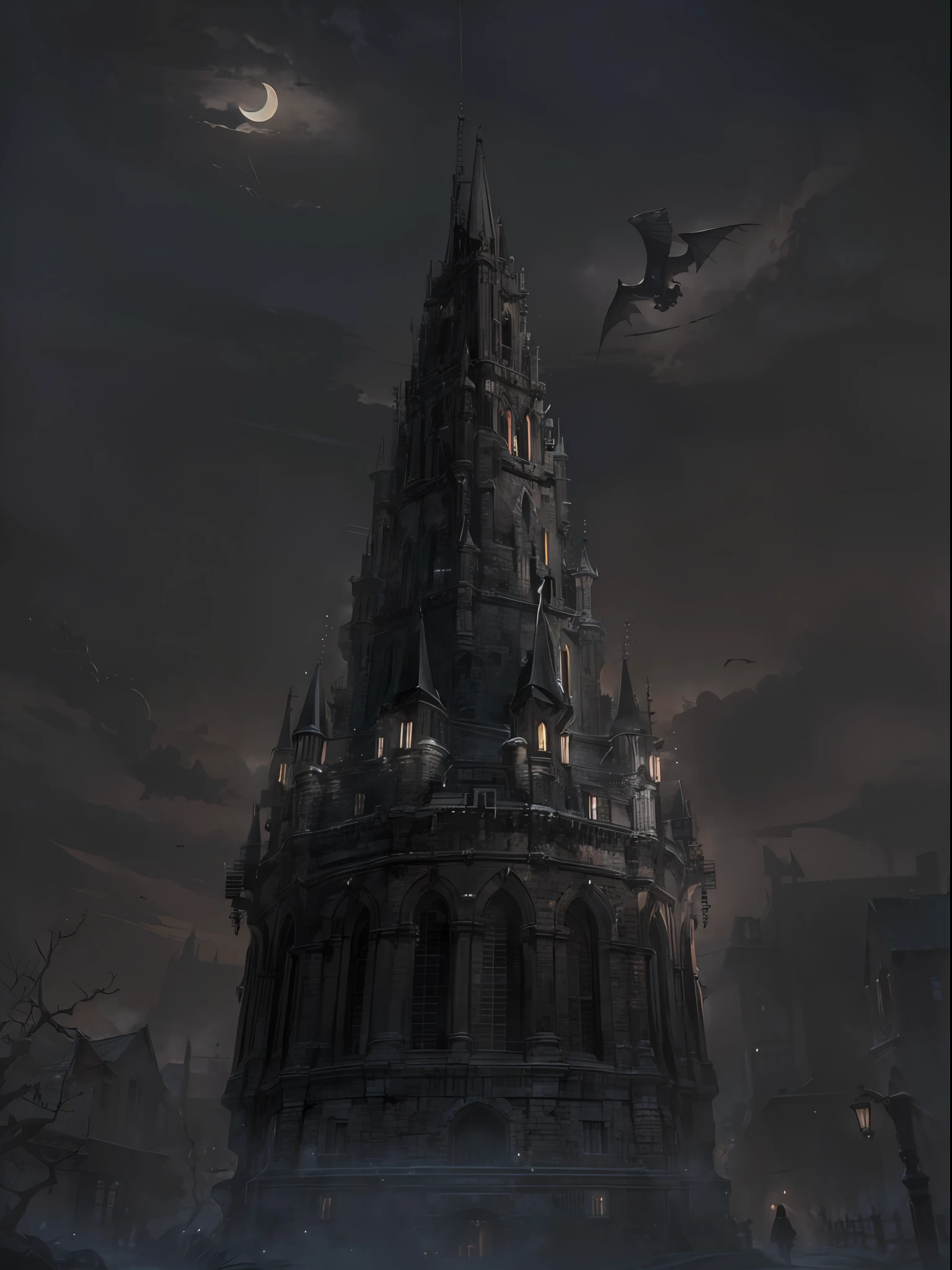 (Big Dark age castle, gothic style), dark night, crescent moon, dark theme, ravens, Gotham city castle,BREAK,Detailed,Realistic,4k highly detailed digital art,octane render, bioluminescent, BREAK 8K resolution concept art, realism,by Mappa studios,masterpiece,best quality,official art,illustration,ligne claire,(dark_color),perfect composition,absurdres, fantasy,focused,rule of third