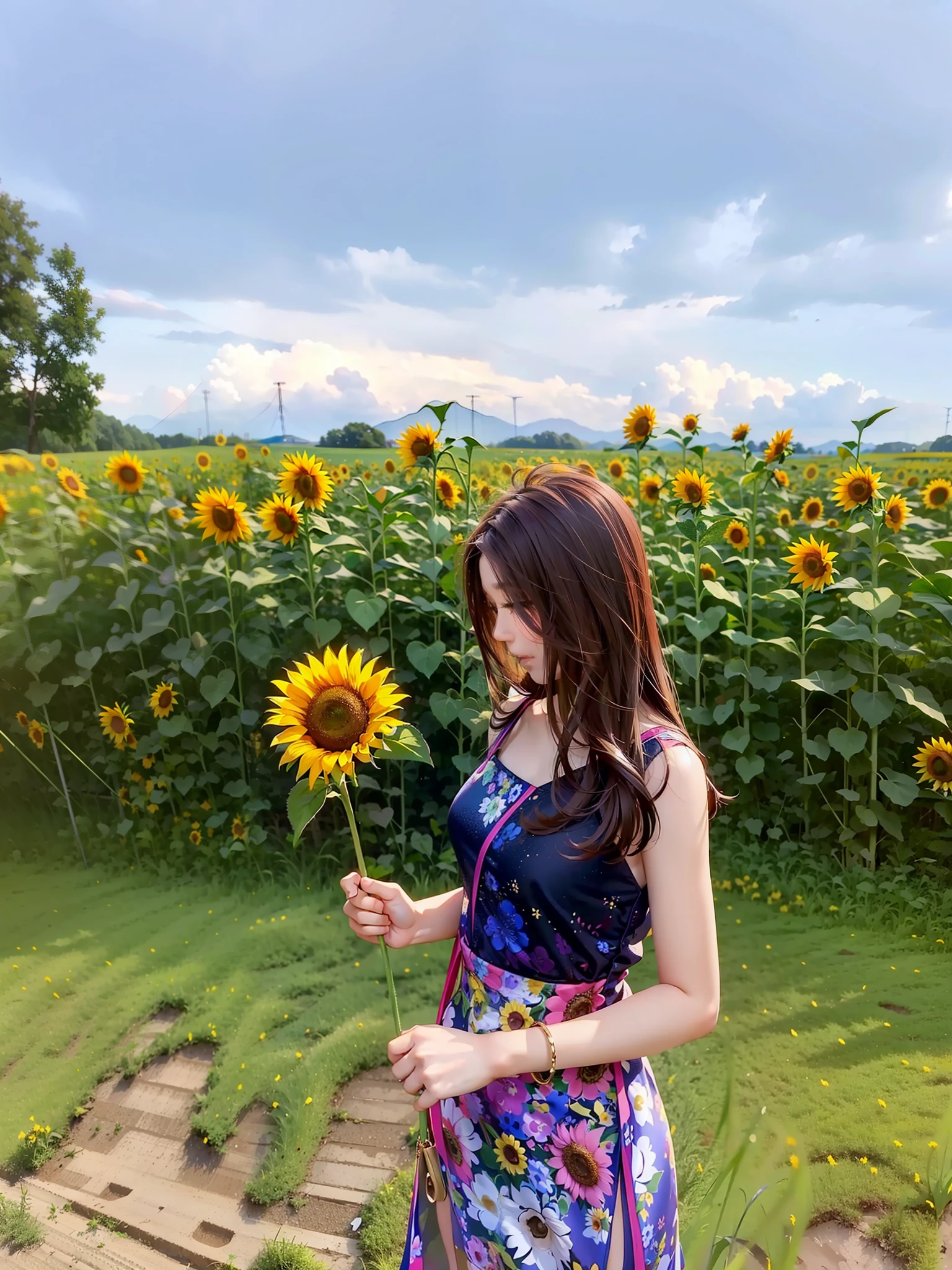 cute chinese woman woman in a dress holding a sunflower in a field, tall land slim, long wavy brown hair, sunflowers in the background, standing in flower field, standing in a flower field, in a field with flowers, shot on nikon z9, scene : sunflower field, scene: sunflower field, girl standing in a flower field, standing in a field with flowers, in a field, girl standing in flower field