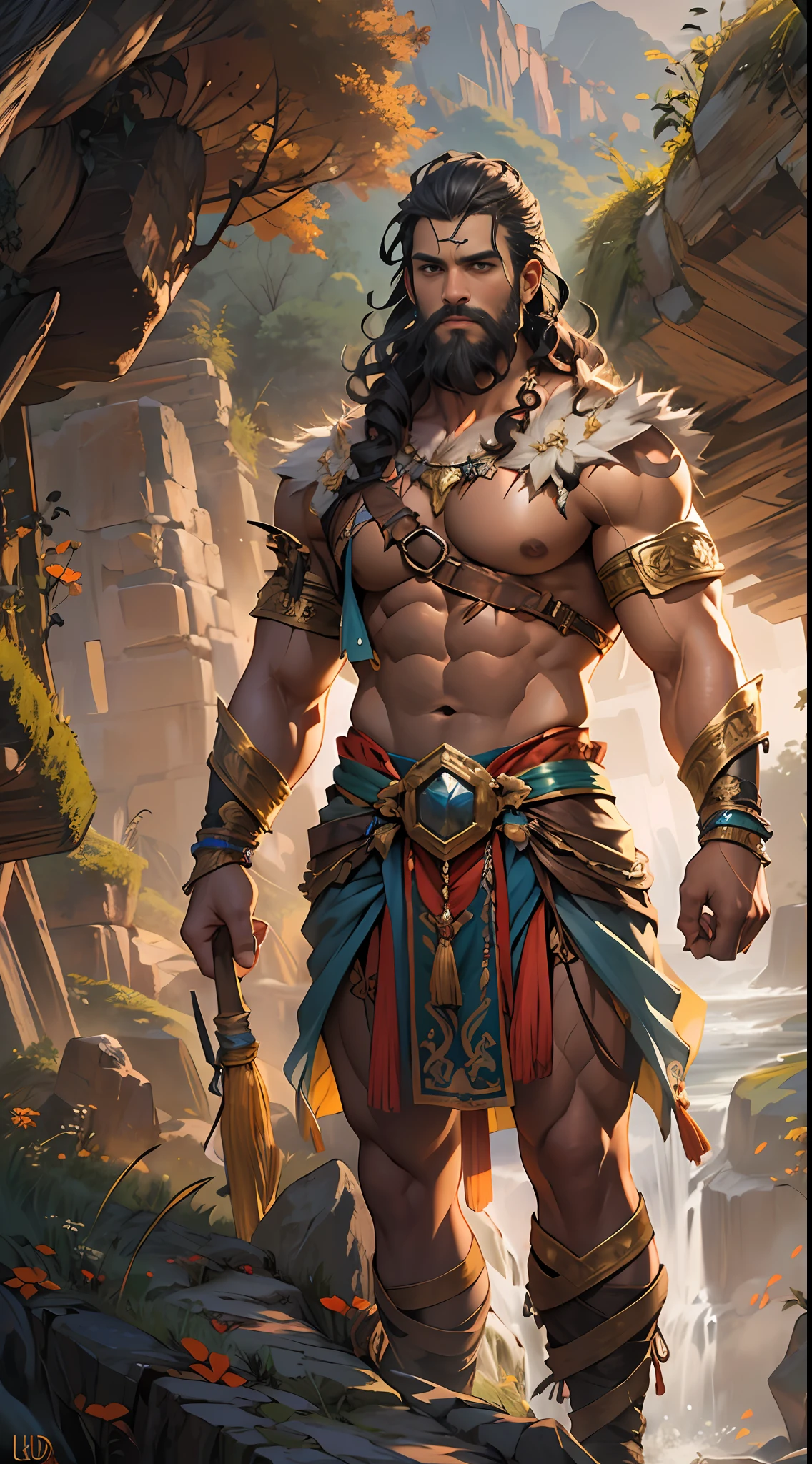 Powerful warrior, upper torso unveiled, lower body uncovered from thighs to feet, decorated with a beaded beard, cascading long curls, meticulous muscle definition, lifelike depiction, 4K resolution. Background: Mythical fantasy landscape,32k uhd, best quality, masterpiece, super detail, high details