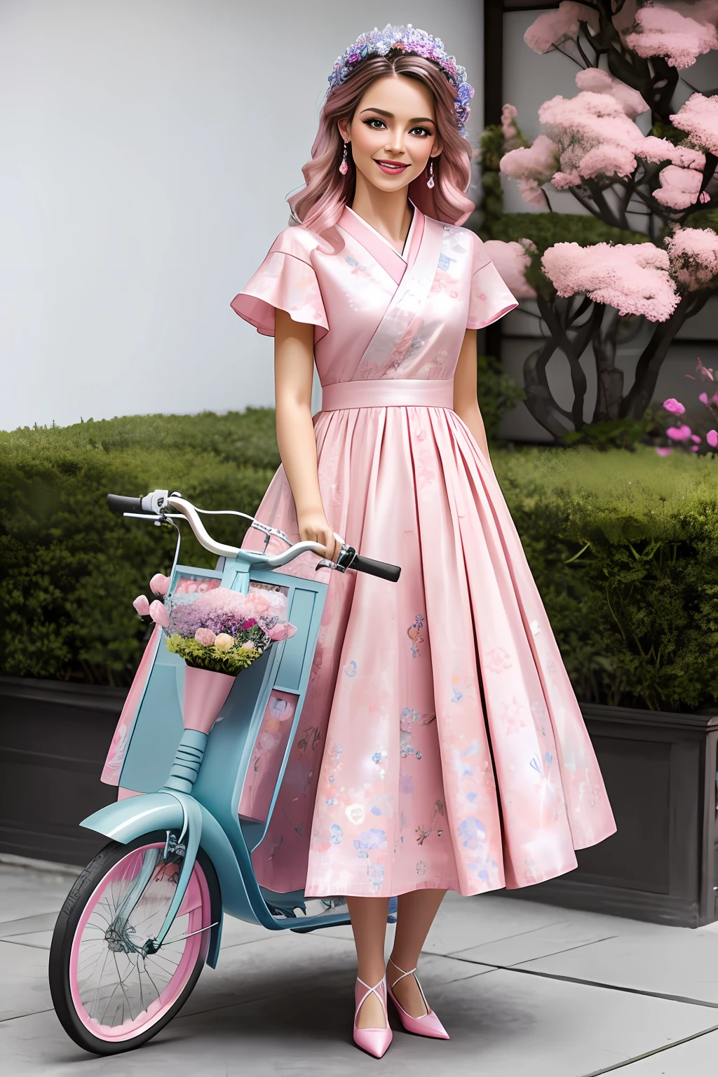 (64k, foto RAW, melhor qualidade, obra-prima: 1.2), ultra-detalhado, arte formal, fotorrealismo: 1.37, foto na parte superior do corpo, mulher ((Japonesa ,beleza, BARBIE,smiling and he smiles, pose sentada em uma bicicleta Pink,azul),num vestido lindo florido )Pink),azul e Rosa de alfaiataria brilhante,repleta de flores rosa)muitas flor)es coloridas),cabelo rosa,,detalhes