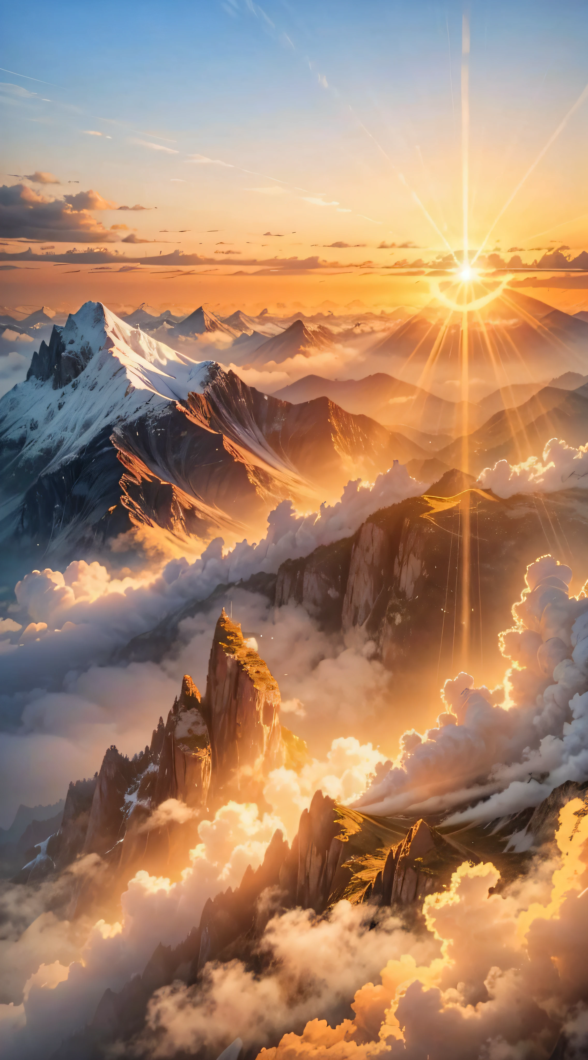 View from the top of the mountain at sunset,There are shoots from other mountains that are also visible,There are clouds and fog that are lower than at the top of the mountain,The sunlight shining down from the end of the horizon looks very beautiful golden,The color gradient between the blue sky and the golden sun is very beautiful, BREAK。