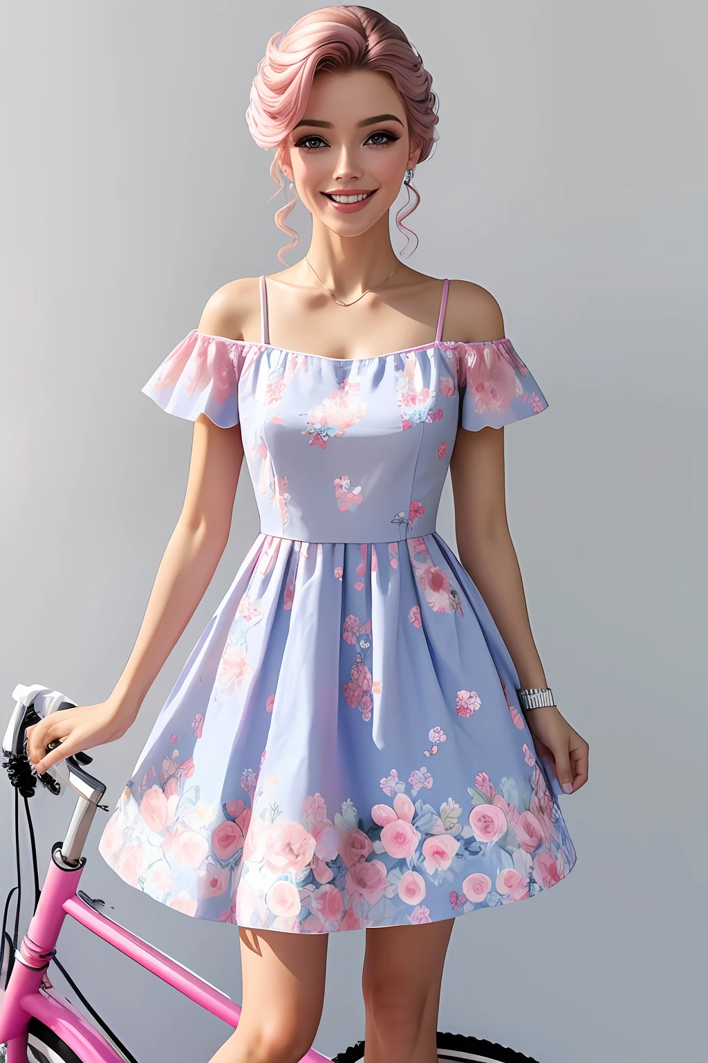 (64k, foto RAW, melhor qualidade, obra-prima: 1.2), ultra-detalhado, arte formal, fotorrealismo: 1.37, foto na parte superior do corpo, mulher  ((Japonesa ,beleza, BARBIE,smiling and he smiles, pose sentada em uma bicicleta Pink,azul),num vestido lindo florido )Pink),azul e Rosa de alfaiataria brilhante,repleta de flores rosa)muitas flor)es coloridas),cabelo rosa,,detalhes