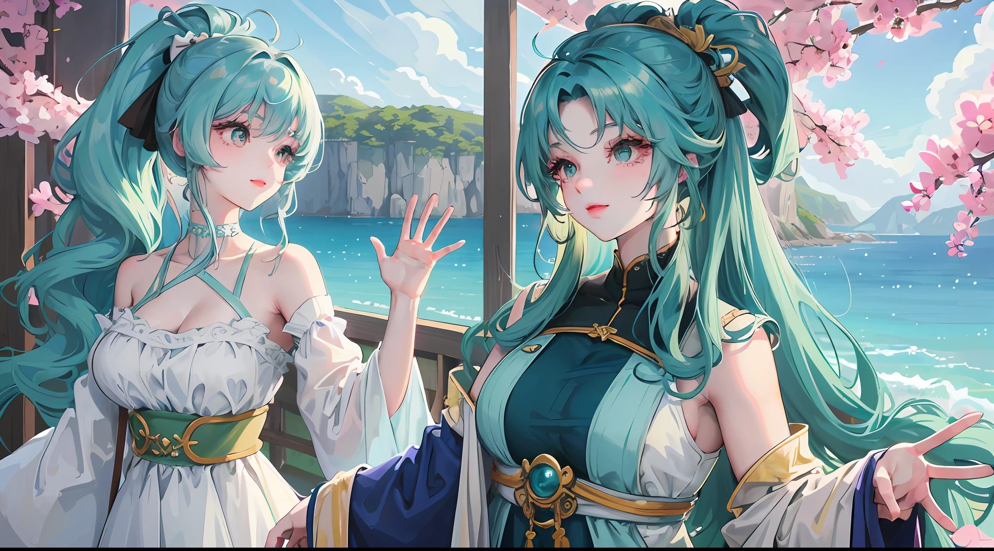 aqua hair, Double tail, ((ultra - detailed)), ((illustratio)), ((messy hair)), (beatiful detailed eyes), big breasts beautiful, astounding, Detailed eyes, ssmile, waving hands, ((springtime, SakuraNS)), isometry
